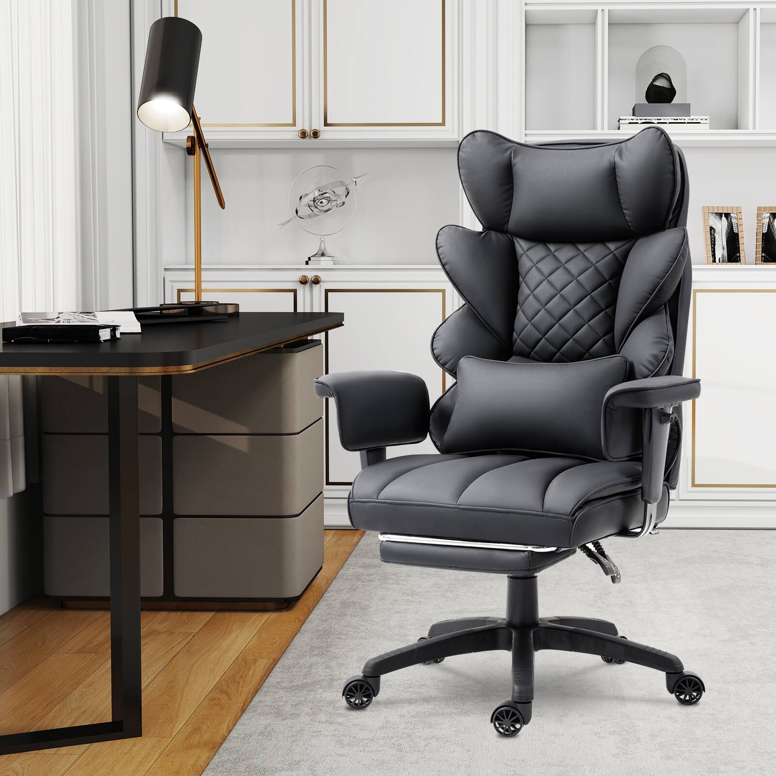 Alt View 4. Dowinx - Wide Back Executive Office Chair with Padded Pocket Spring Cushion, Reclining Gaming Chair with Footrest and Armrests - Black PU Leather.