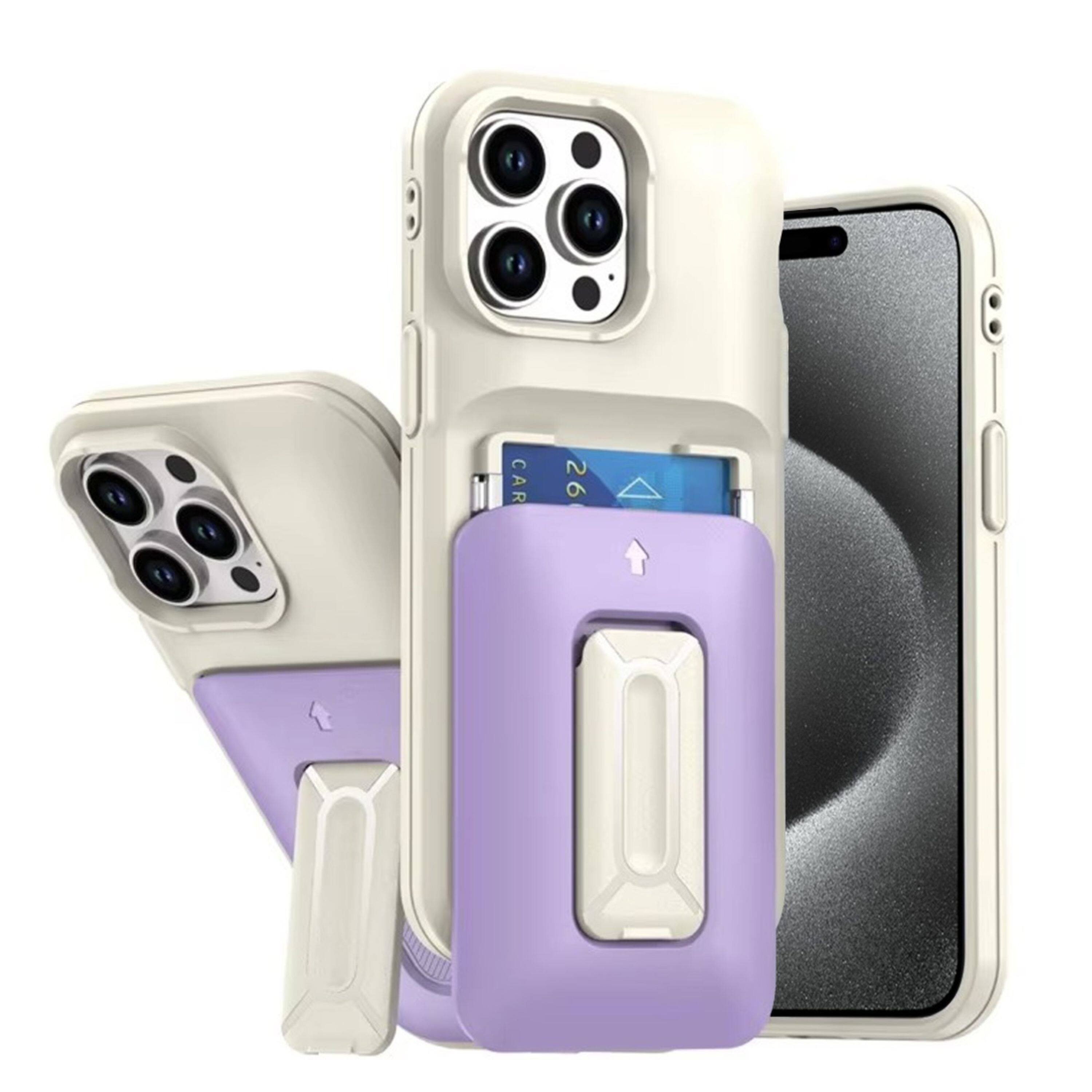 Kitcheniva - Matte Finish Phone Case With Card Holder Kickstand Strap And 2 Pcs Tempered Glass For iPhone 15 Pro Max Beige Light Purp - Beige Light Purple price history on PriceWatchPro