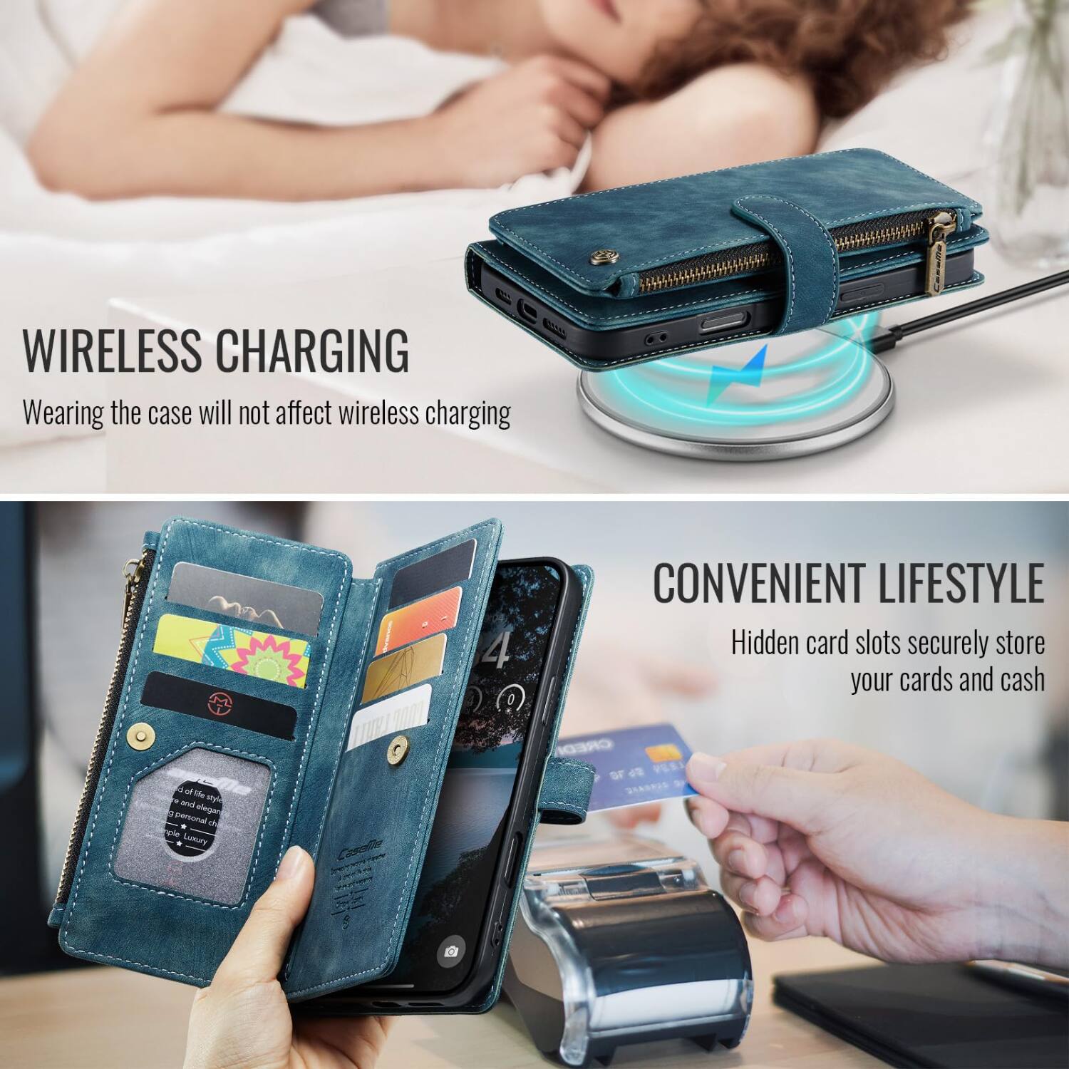WIRELESS CHARGING  
Wearing the case will not affect wireless charging

CONVENIENT LIFESTYLE  
Hidden card slots securely store your cards and cash