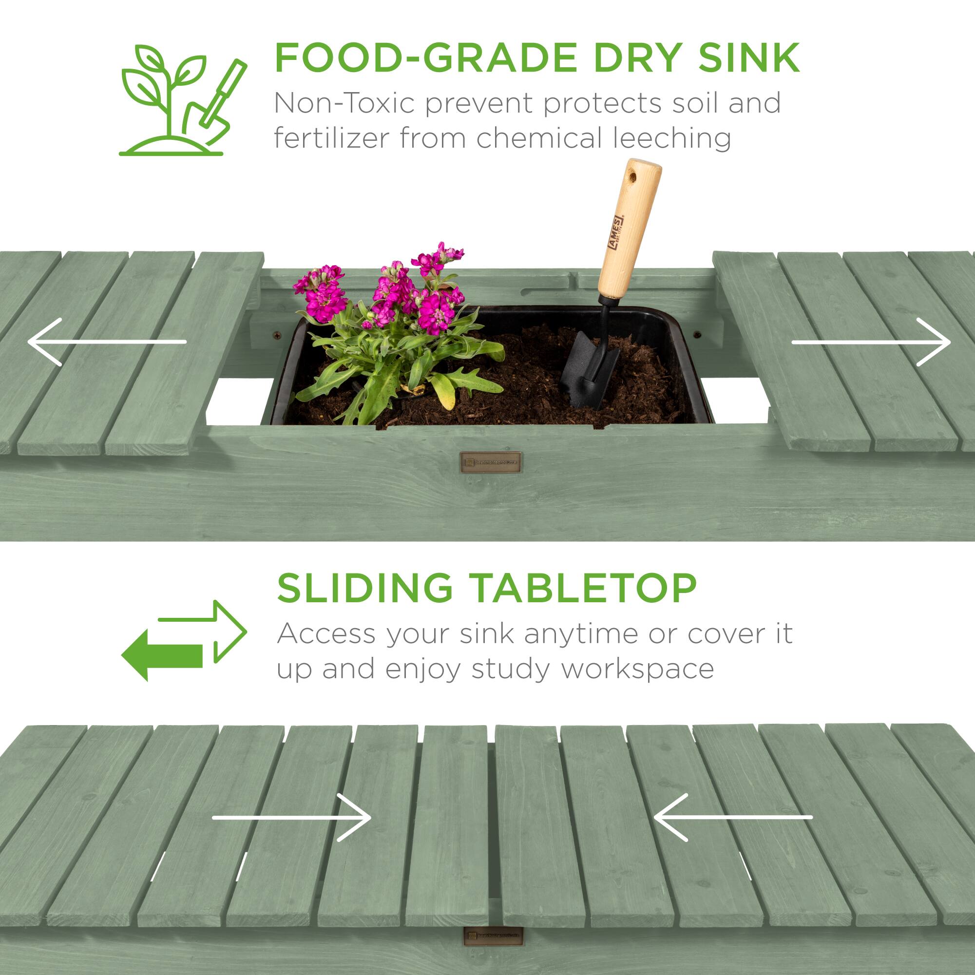 FOOD-GRADE DRY SINK  
Non-Toxic, prevents soil and fertilizer from chemical leeching  

SLIDING TABLETOP  
Access your sink anytime or cover it up and enjoy study workspace