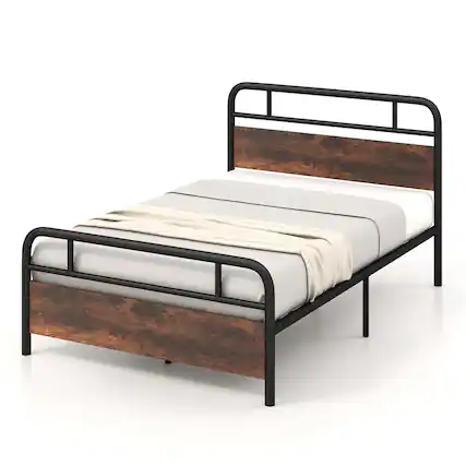 Front. Costway - Costway Full Size Metal Platform Bed Frame Industrial Headboard Mattress Foundation - Black+Brown.