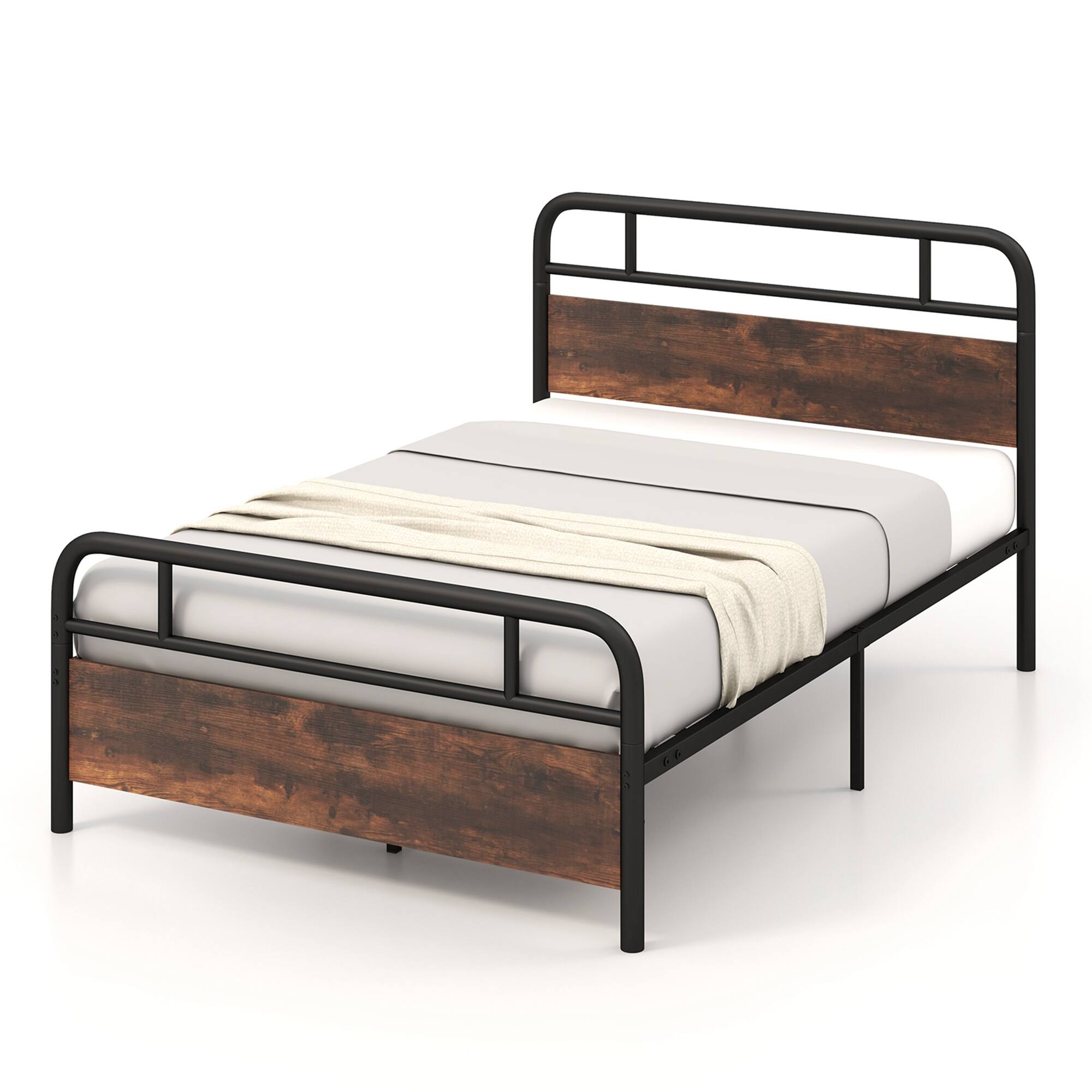 Costway - Full Size Metal Platform Bed Frame Industrial Headboard Mattress Foundation - Black+Brown