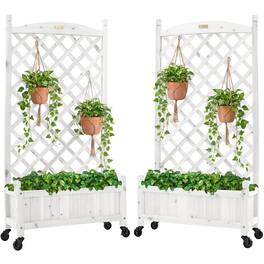 Best Choice Products - Set of 2 48in Wood Planter Box & Diamond Lattice Trellis, w/ Drainage, Optional Wheels - White