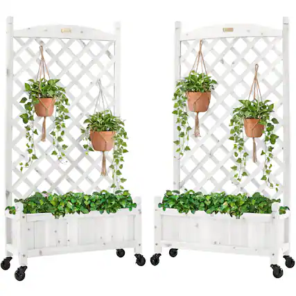 Front. Best Choice Products - Best Choice Products Set of 2 48in Wood Planter Box & Diamond Lattice Trellis, w/ Drainage, Optional Wheels - White - White.