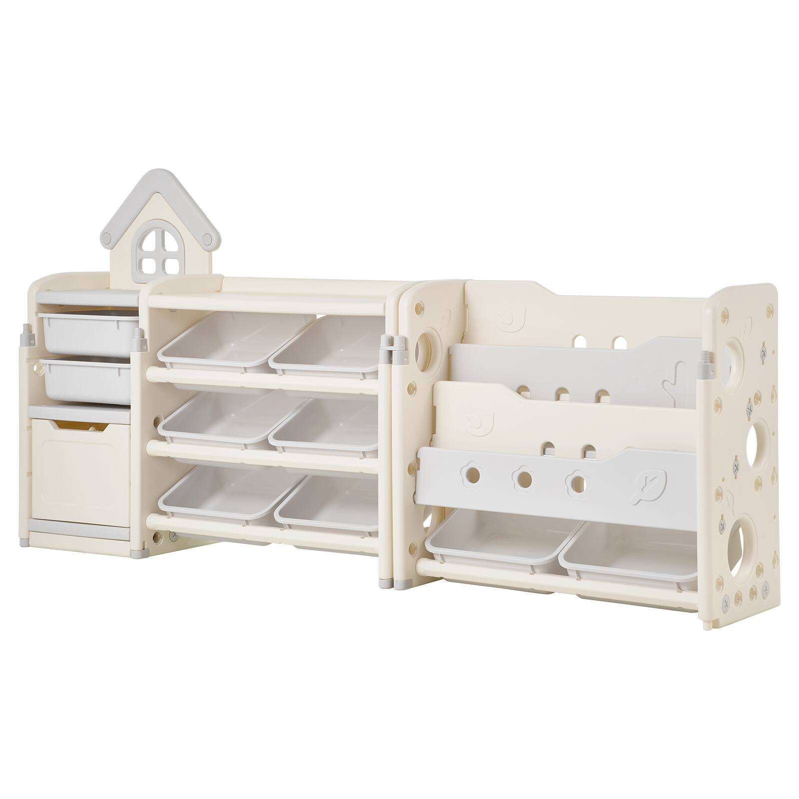 Alt View 5. VEVOR - Kids Toy Storage with Bookshelf, 4-Tier Toy Storage Organizer with 10 Movable Plastic Bins, Kids Cubby Cabinet - White,Grey.