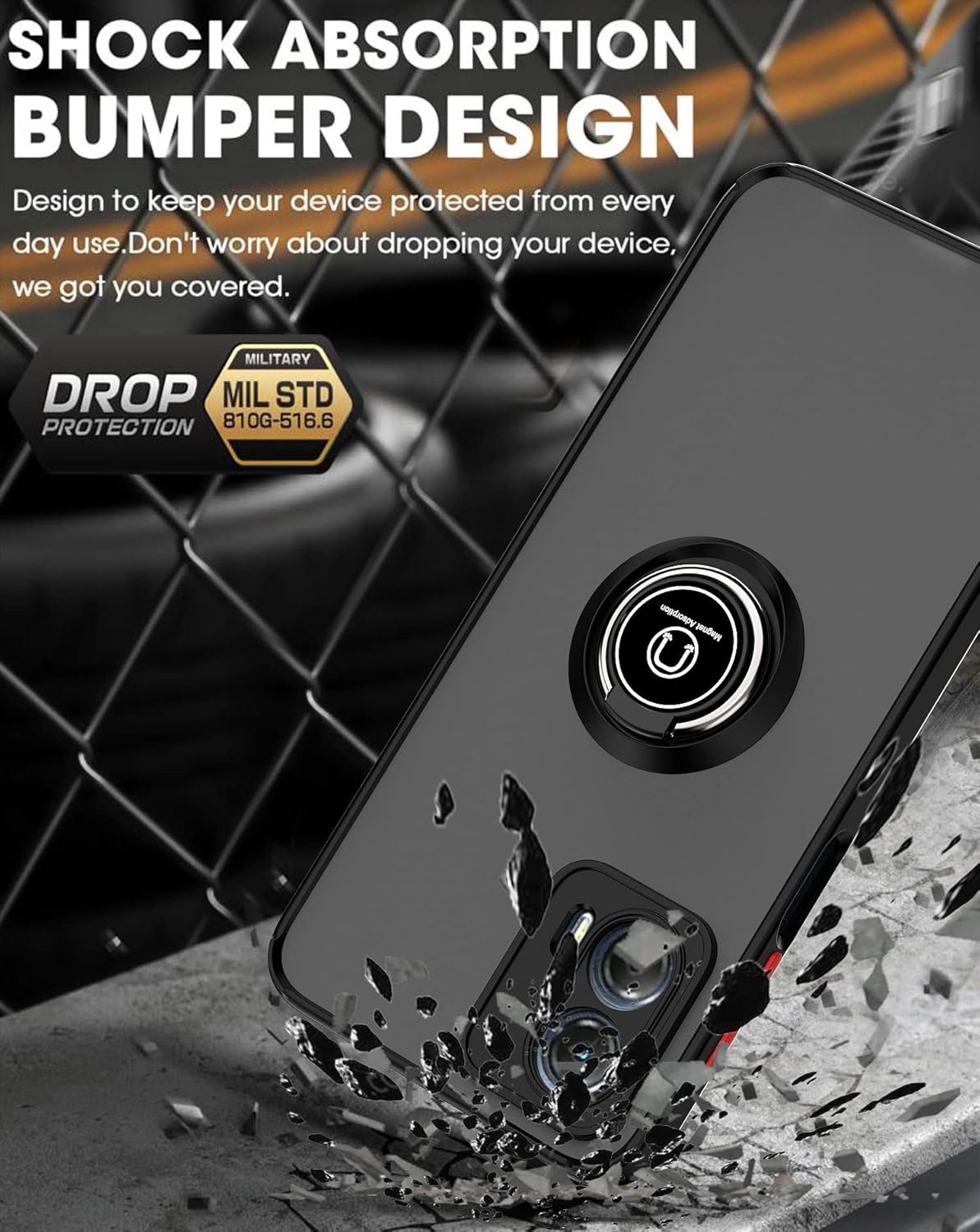 SHOCK ABSORPTION BUMPER DESIGN, Design to keep your device protected from every day use. Don't worry about dropping your device, we got you covered. MILITARY DROP MIL STD PROTECTION 810G-516.6. nqs Magnet