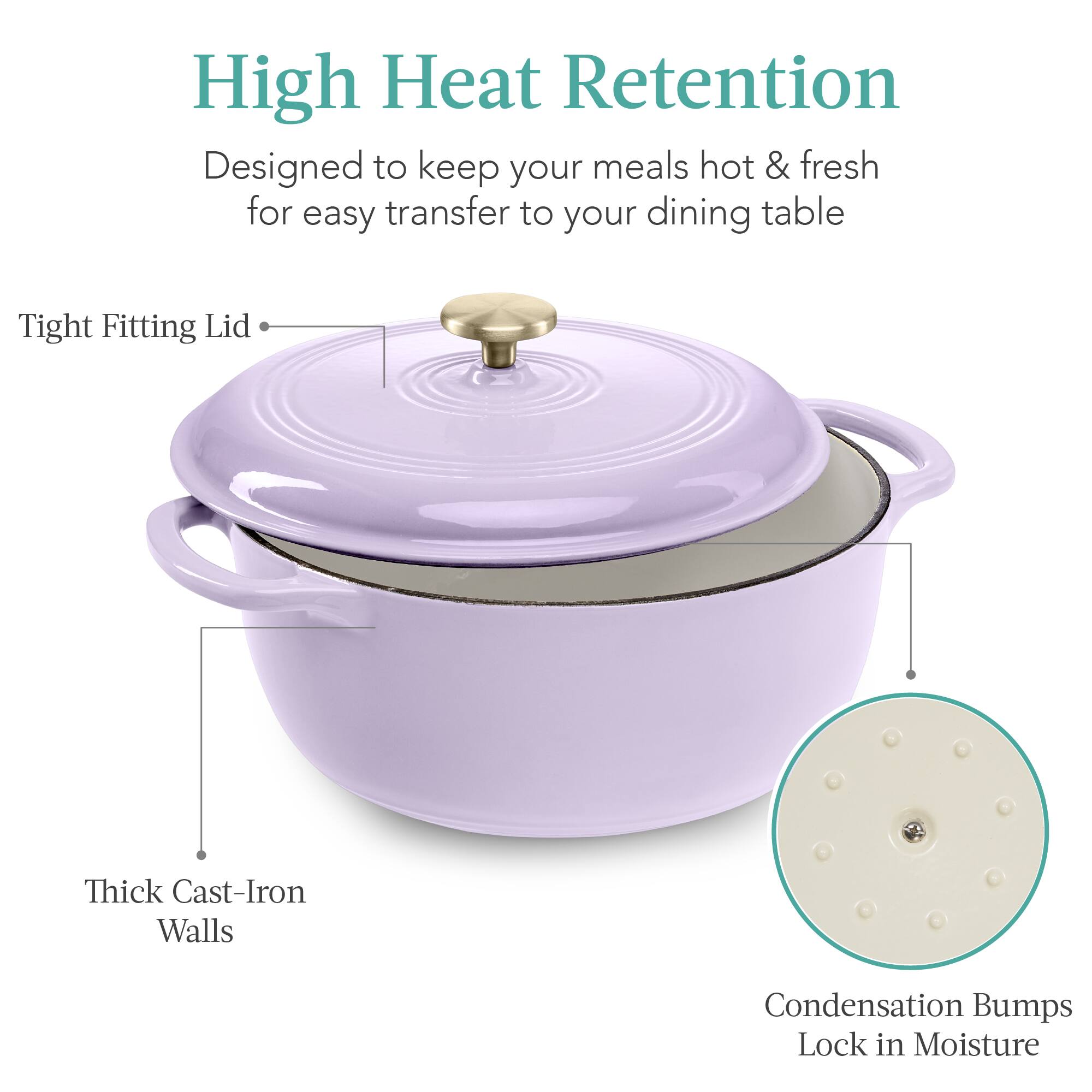 High Heat Retention  
Designed to keep your meals hot & fresh for easy transfer to your dining table  

- Tight Fitting Lid  
- Thick Cast-Iron Walls  
- Condensation Bumps Lock in Moisture