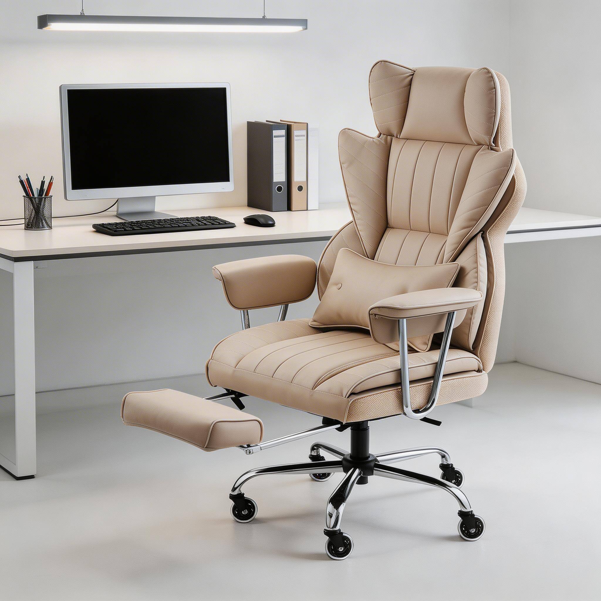 Left. Forest'nSky - Executive Office Chair with Footrest, Lumbar Support,Strong Metal Base Quiet Wheels, Khaki - Beige.