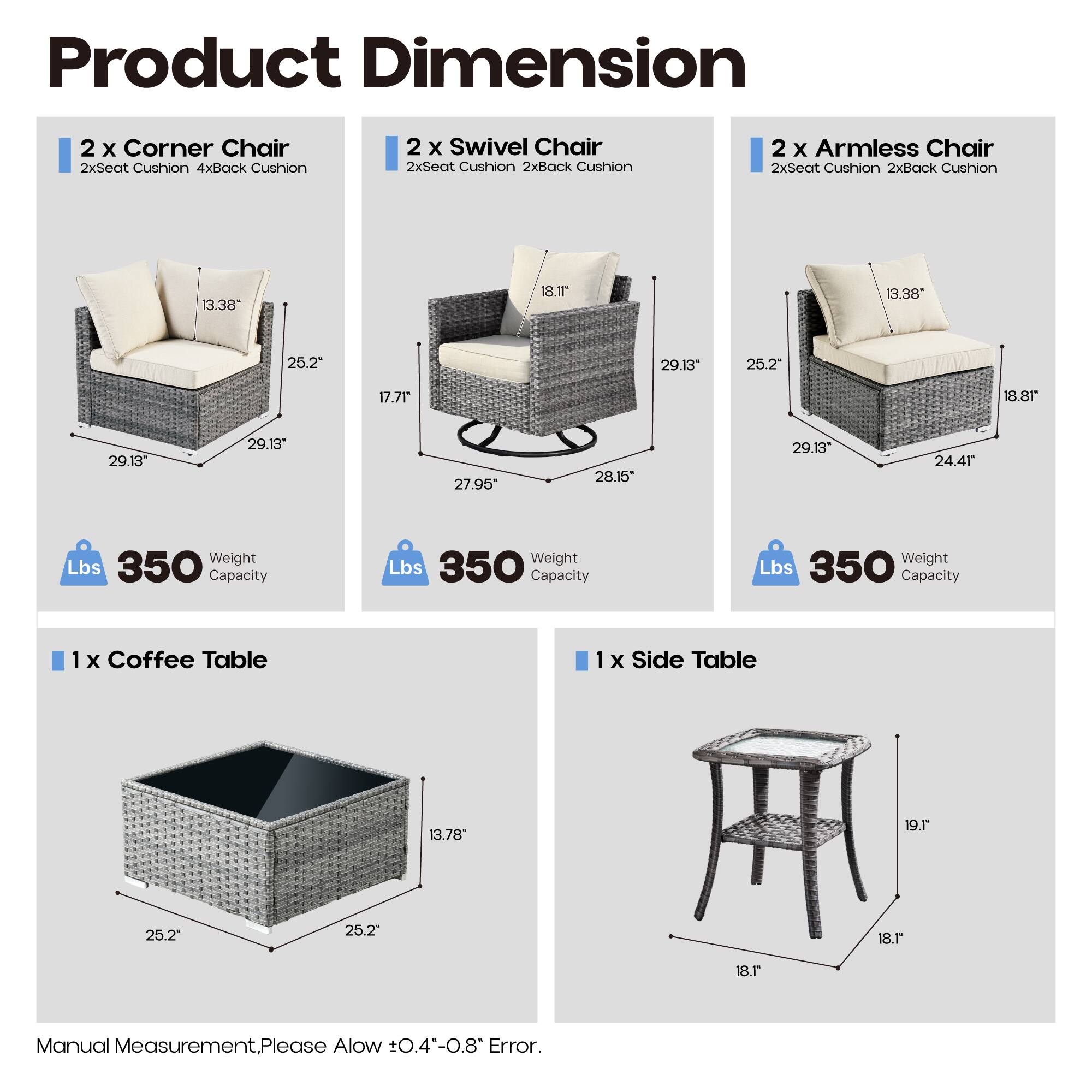 Product Dimension

2 x Corner Chair  
2xSeat Cushion 4xBack Cushion  
13.38" 25.2" 17.7" 29.13" 29.13"  
Weight Lbs 350 Capacity

2 x Swivel Chair  
2xSeat Cushion 2xBack Cushion  
18.1" 27.95" 28.15" 29.13"  
Weight Lbs 350 Capacity

2 x Armless Chair  
2xSeat Cushion 2xBack Cushion  
13.38" 18.8" 25.2" 24.41"  
Weight Lbs 350 Capacity

1 x Coffee Table  
13.78" 25.2" 25.2"  
Weight Lbs 350 Capacity

1 x Side Table  
18.1" 19.1" 18.1"  
Weight Lbs 350 Capacity

Manual Measurement. Please Allow ±0.4"-0.8" Error.