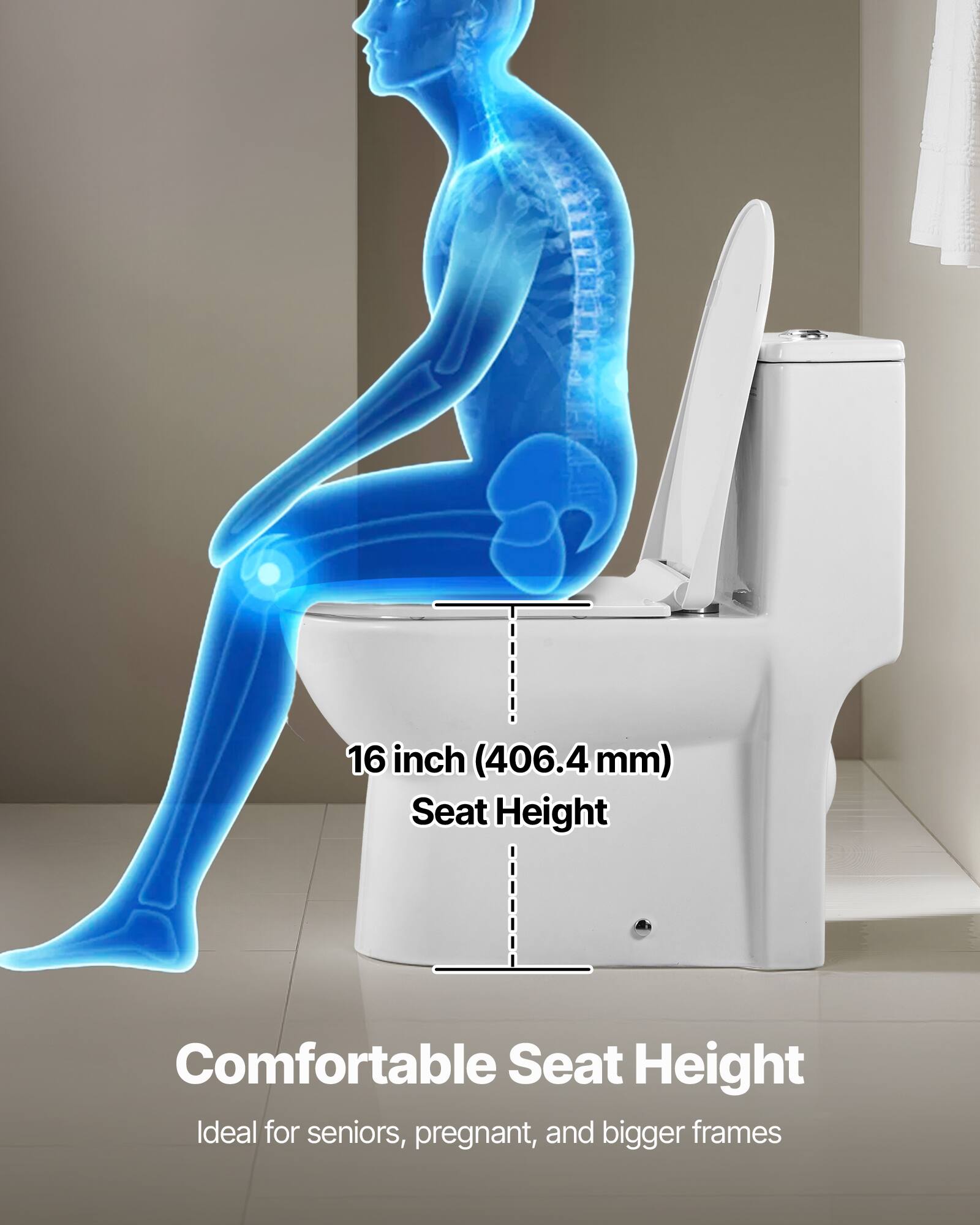 16 inch (406.4 mm) Seat Height  
Comfortable Seat Height  
Ideal for seniors, pregnant, and bigger frames