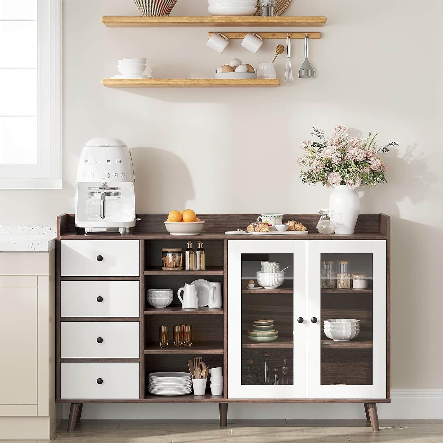 Jojoka - 55 in Farmhouse Buffet Cabinet Sideboard with Glass Doors and Adjustable Shelves - Black