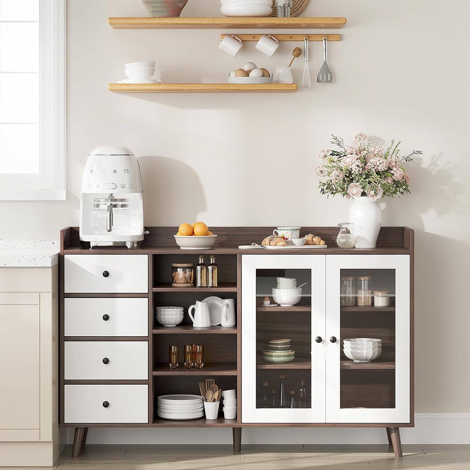 Jojoka - 55 in Farmhouse Buffet Cabinet Sideboard with Glass Doors and Adjustable Shelves - Black