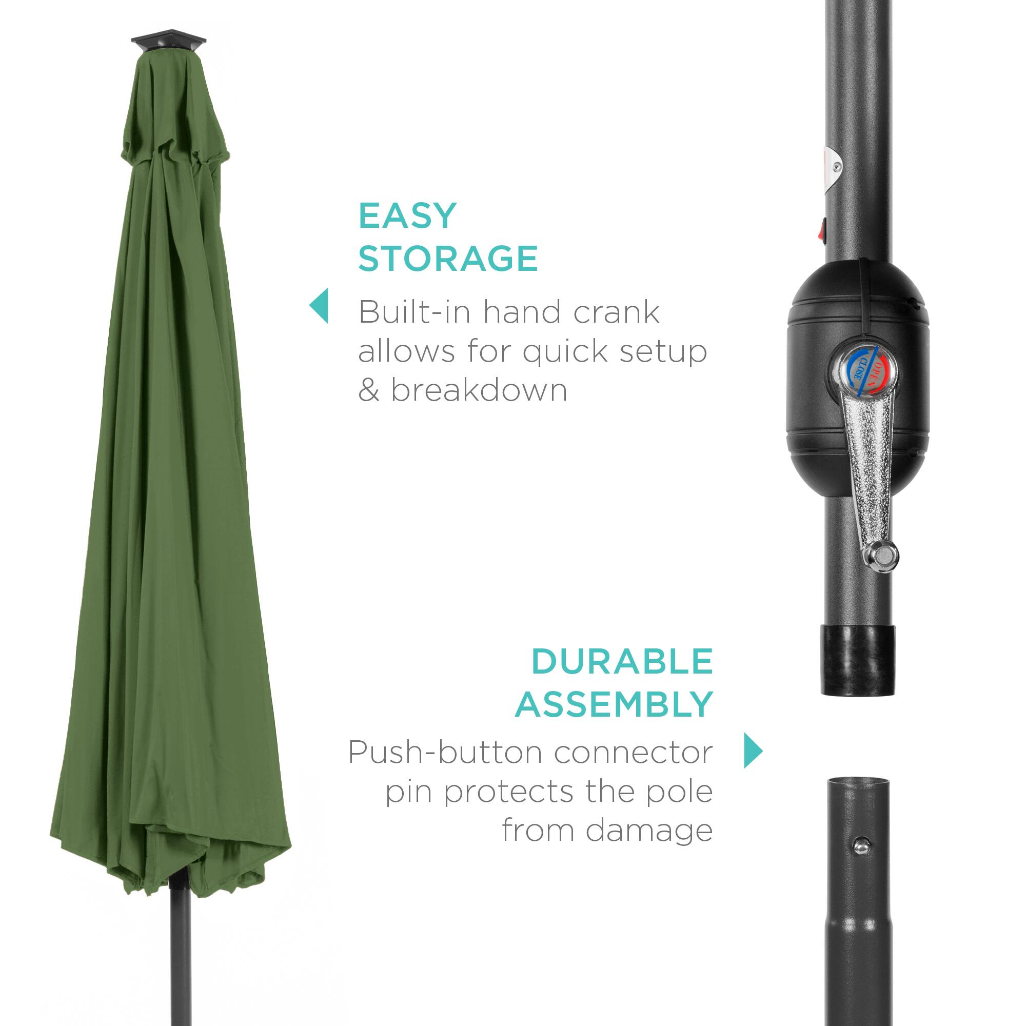 EASY STORAGE  
Built-in hand crank allows for quick setup & breakdown  

DURABLE ASSEMBLY  
Push-button connector pin protects the pole from damage