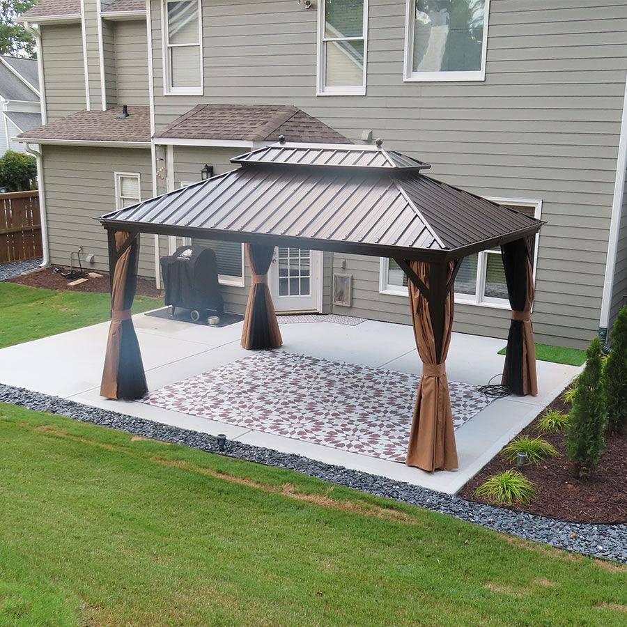 Alt View 1. PURPLE LEAF - 11' X 13' Outdoor Aluminum Hardtop Gazebo with Metal Double Roof with Netting and Curtains, Khaki Permanent Pavilion - 11' X 13'.