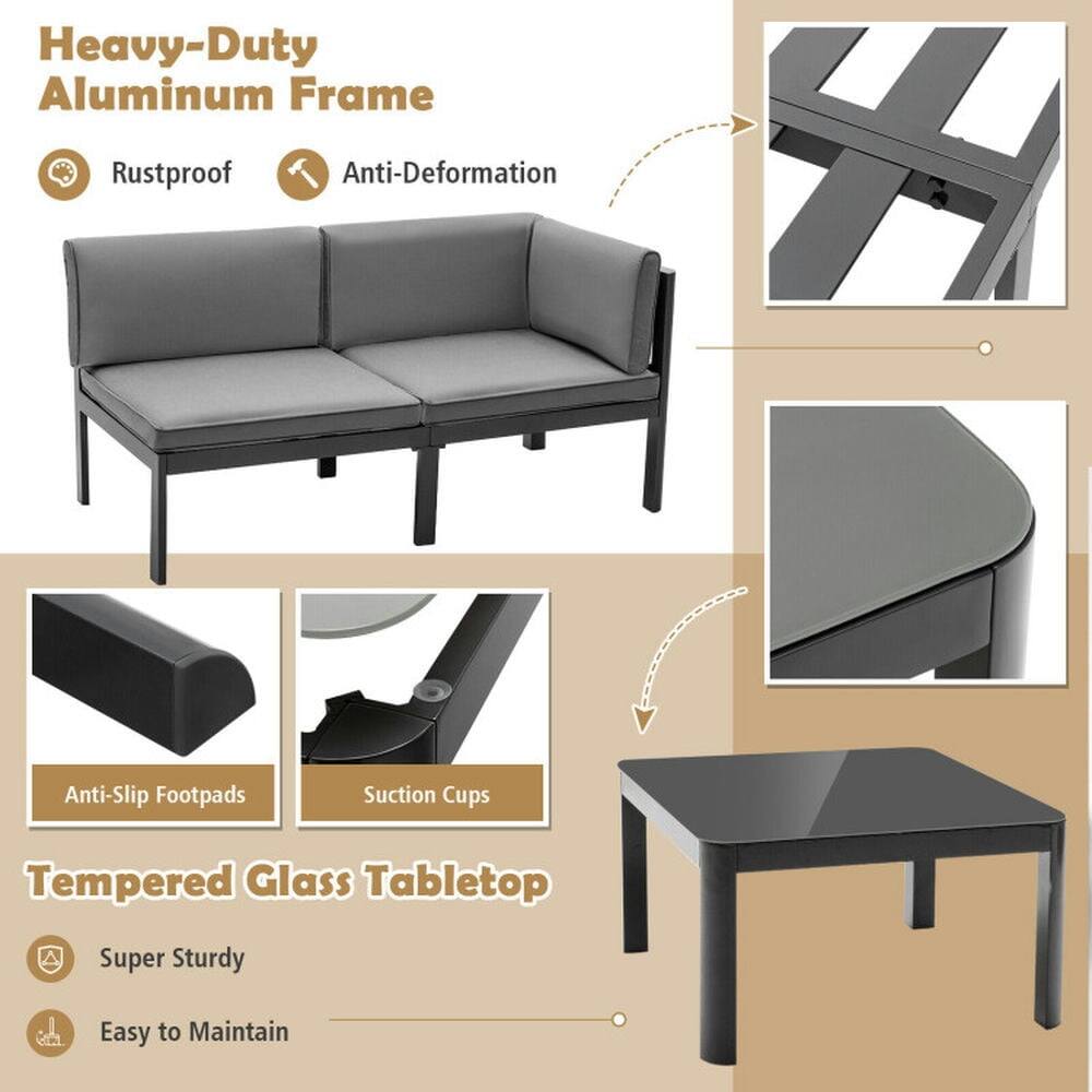 Heavy-Duty Aluminum Frame  
- Rustproof  
- Anti-Deformation  

Anti-Slip Footpads  
Suction Cups  

Tempered Glass Tabletop  
- Super Sturdy  
- Easy to Maintain