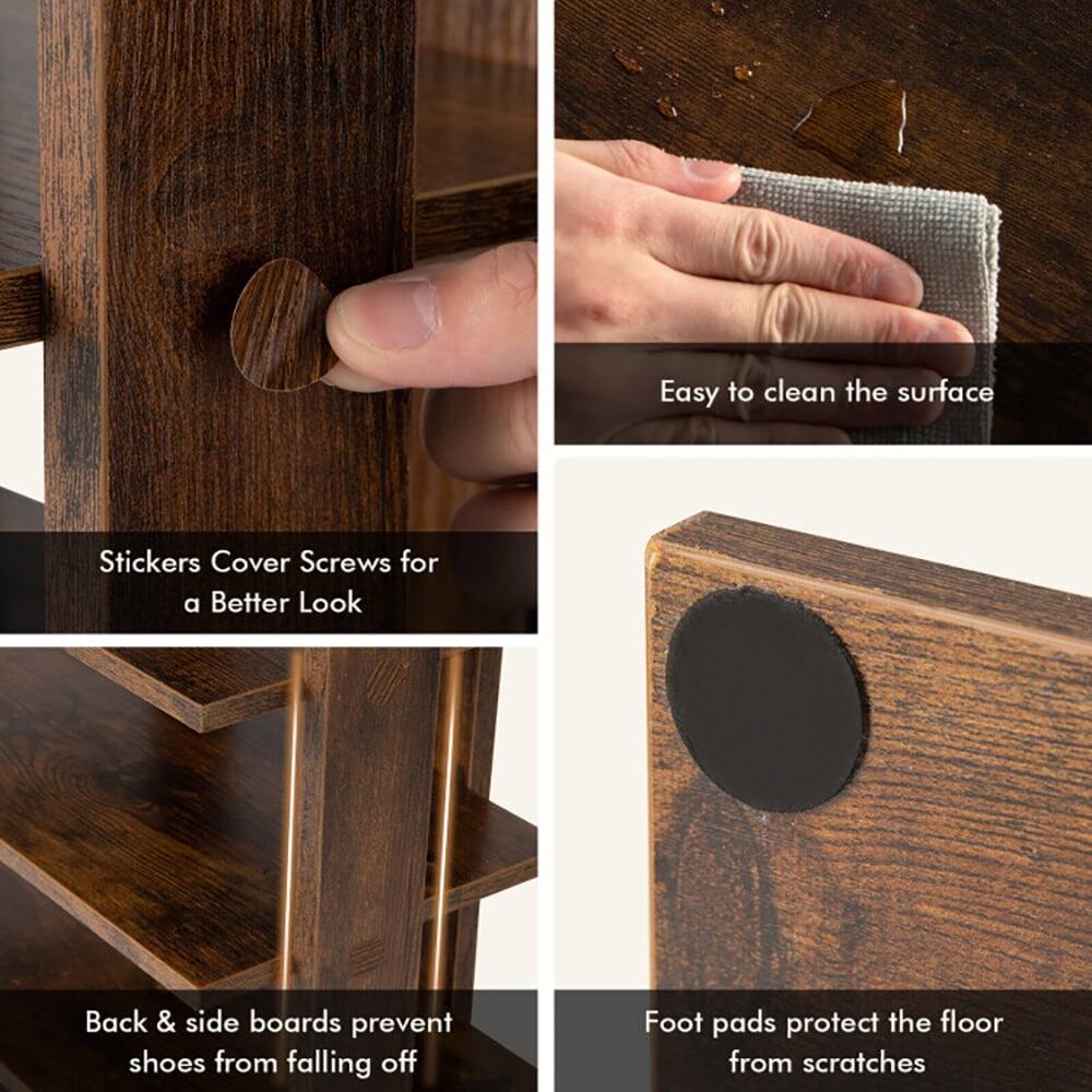 - Easy to clean the surface
- Stickers Cover Screws for a Better Look
- Back & side boards prevent shoes from falling off
- Foot pads protect the floor from scratches