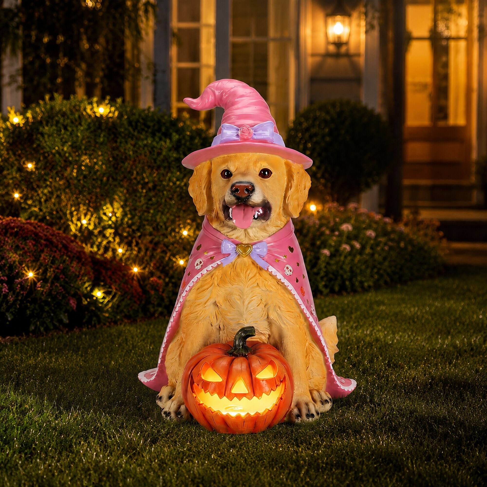Angle. RYHNUYNE - Halloween Golden Retriever Dog Statue with Pink Witch Hat and Cape, Large Lighted Jack-O-Lantern Pumpkin - Brown.