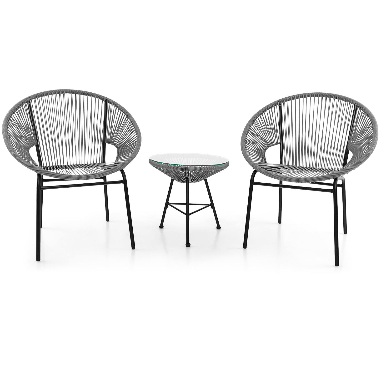 Alt View 9. Gymax - Gymax 3 Pieces Acapulco Chair Set Wicker Conversation Bistro Set w/ Tempered Glass Table - Grey.