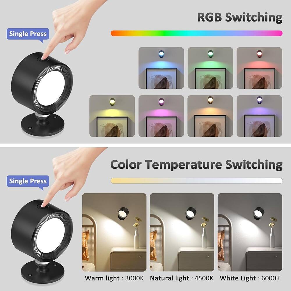Single Press RGB Switching  
Warm light: 3000K  
Natural light: 4500K  
White Light: 6000K  

Single Press Color Temperature Switching  
Warm light: 3000K  
Natural light: 4500K  
White Light: 6000K