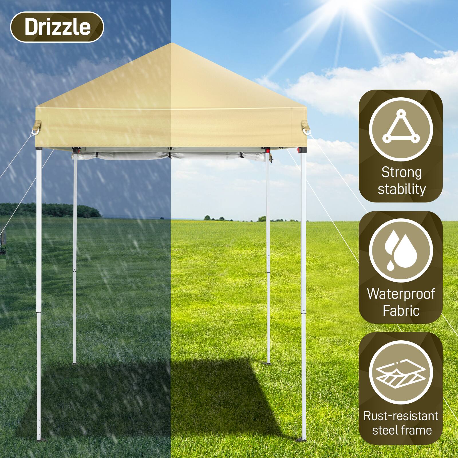 - Drizzle
- Strong stability
- Waterproof Fabric
- Rust-resistant steel frame