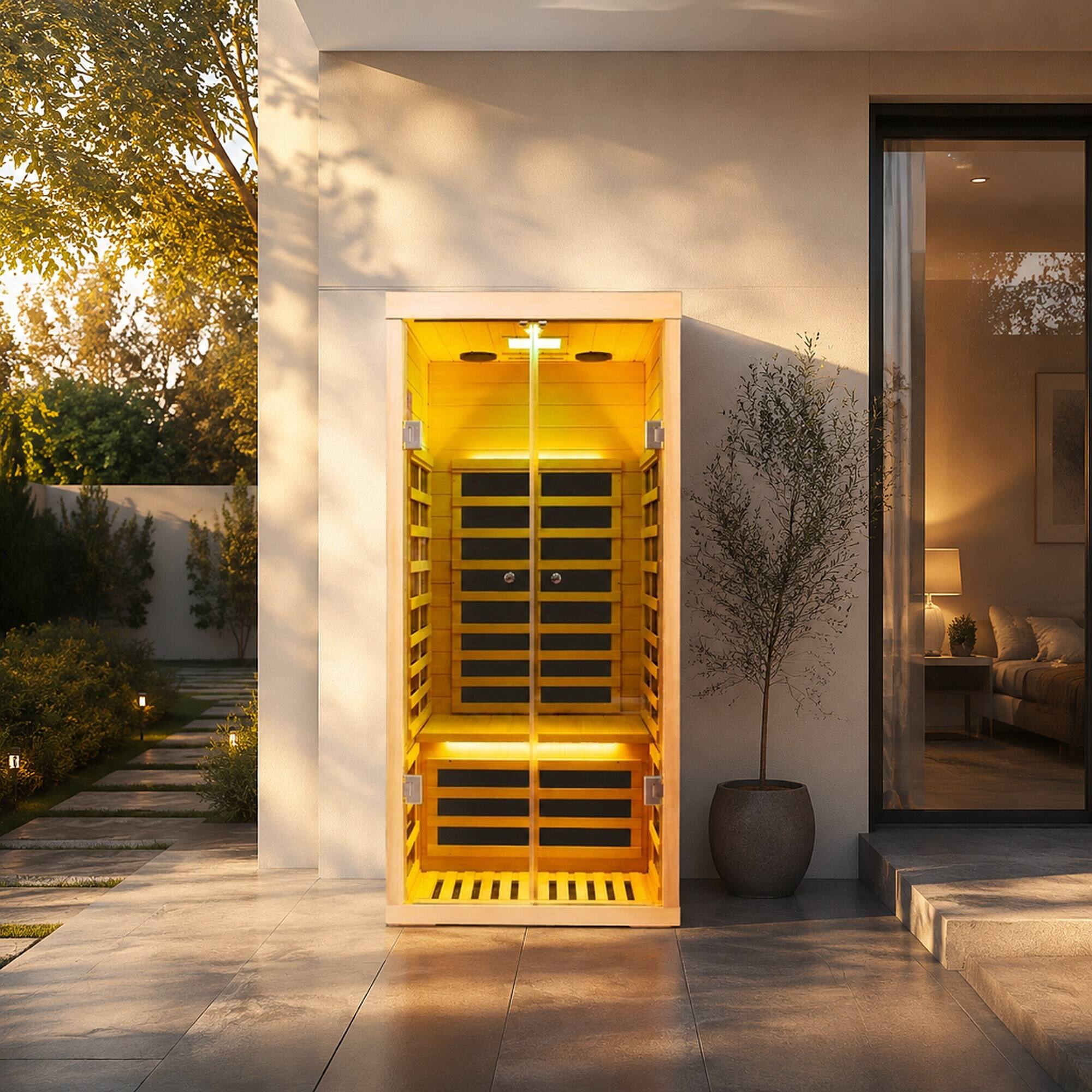 Angle. RYHNUYNE - One Person Far-Infrared Sauna, Canadian Hemlock Wood, 1,760 W Carbon Crystal Heaters, Low EMF, Home Spa - Natural.