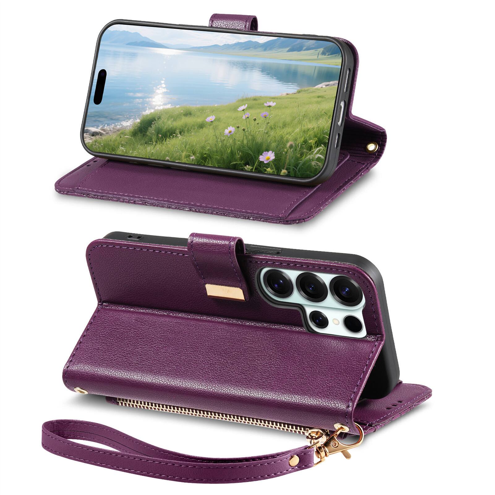 Alt View 1. Dteck - Floral Embossed Leather Zipper Cash Slot Wallet Case for Samsung Galaxy S26 Ultra with Detachable Strap - Purple.