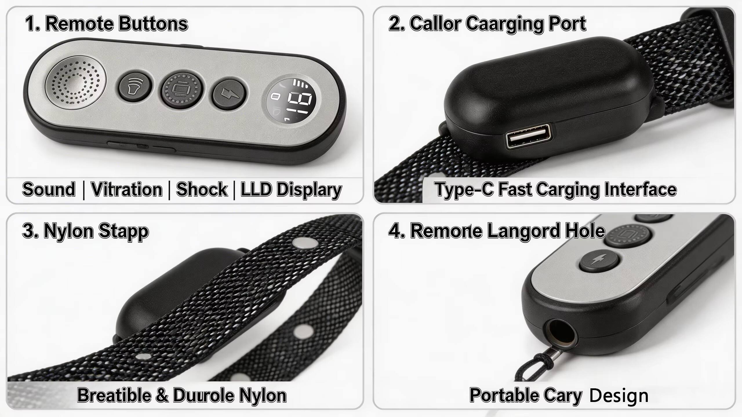 1. Remote Buttons
2. Caller Caarging Port
3. Nylon Stapp
4. Remote Langord Hole

Sound | Vibration | Shock | LLD Display
Type-C Fast Charging Interface
Breathable & Duurole Nylon
Portable Cary Design