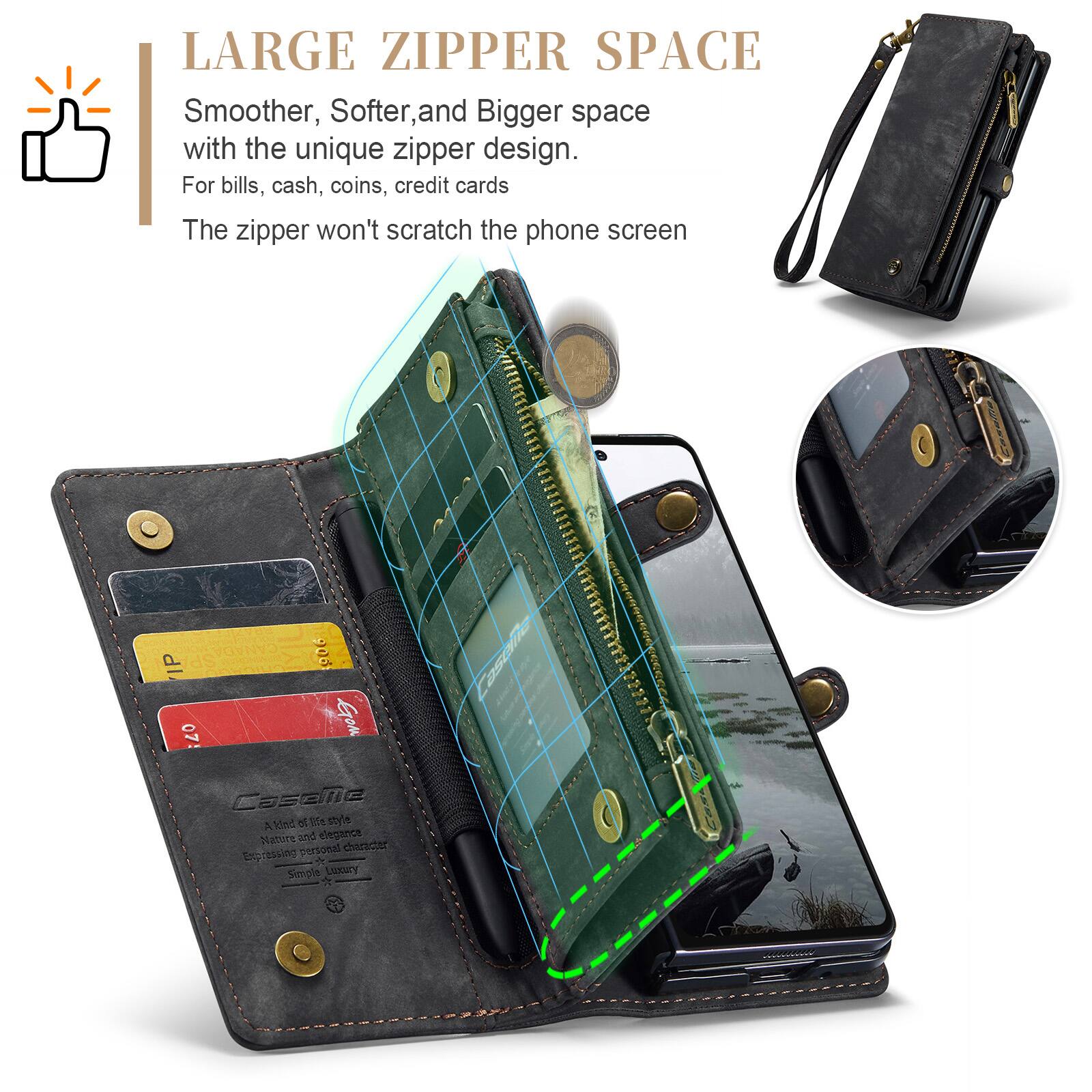 LARGE ZIPPER SPACE  
Smoother, Softer, and Bigger space with the unique zipper design.  
For bills, cash, coins, credit cards  
The zipper won't scratch the phone screen  

IP 07  
905 Gram  

Casalle  
A Nature of life style  
Nature and personal character  
Elegant and luxury  
Simple Luxury
