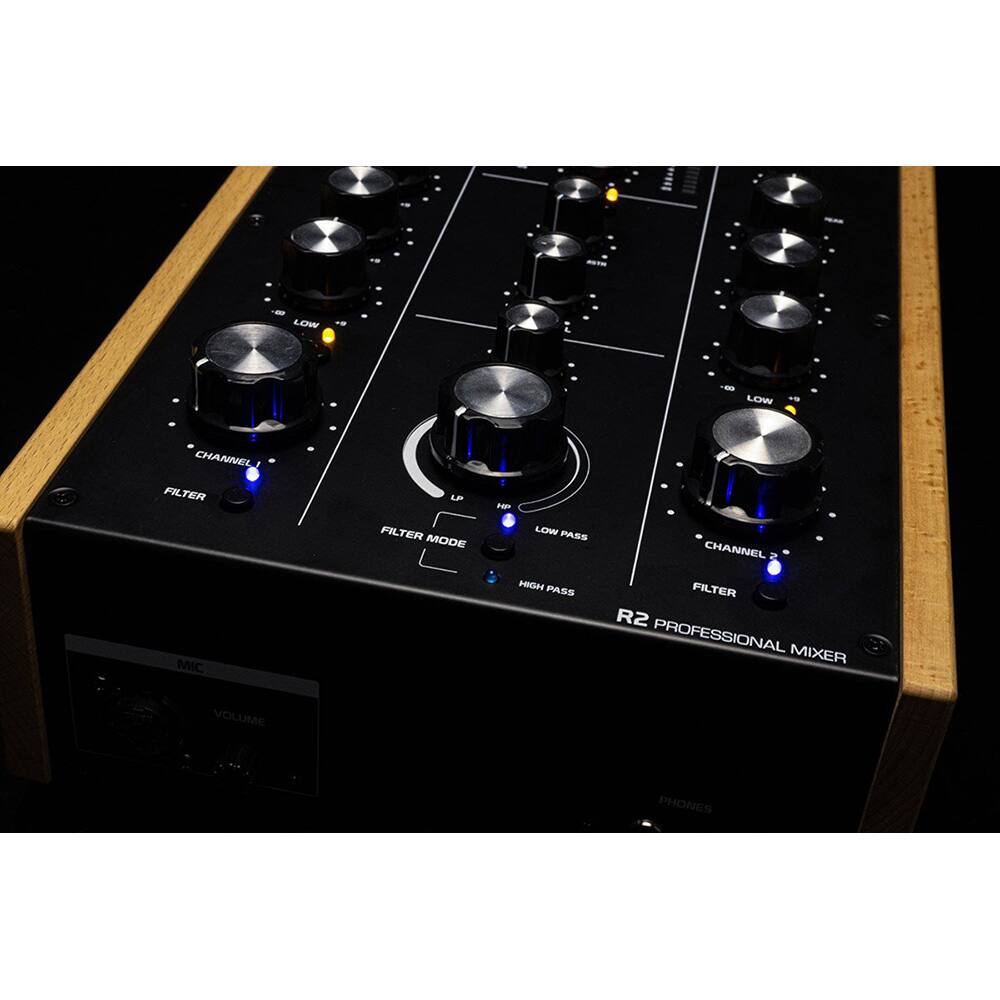 - LOW
- LOW CHANNEL FILTER
- LP HP FILTER MODE
- LOW PASS
- CHANNEL
- FILTER
- FILTER MODE
- HIGH PASS
- R2 PROFESSIONAL MIXER
- VOLUME
- PHONES
- MIC