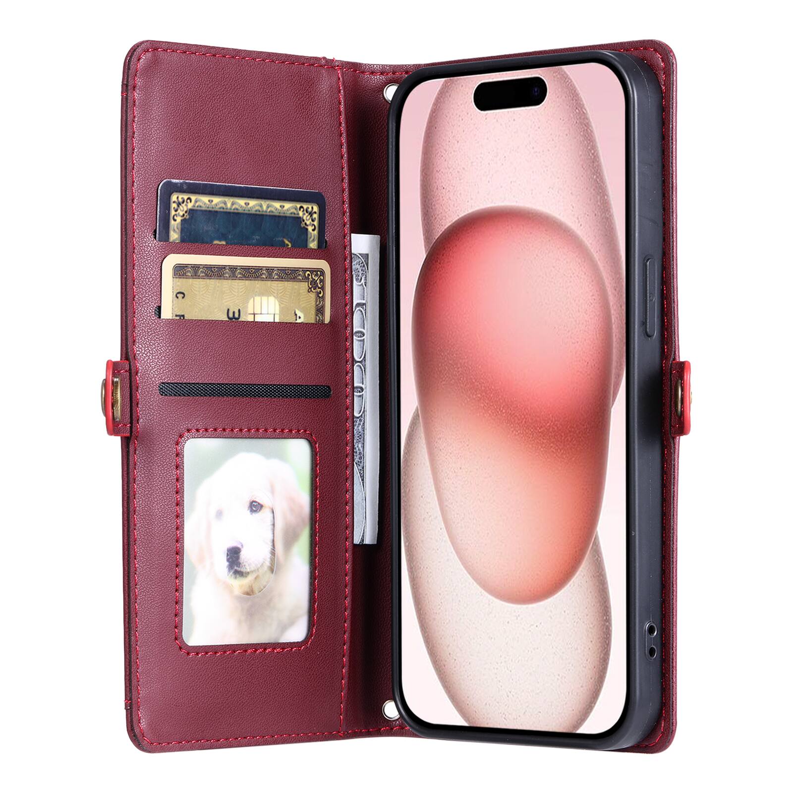 Angle. Dteck - Foilo Wallet Case for Apple iPhone 17 Pro,Shockproof Card Holder PU Leather Magnetic Snap Phone Cover with Lanyard - Winered.
