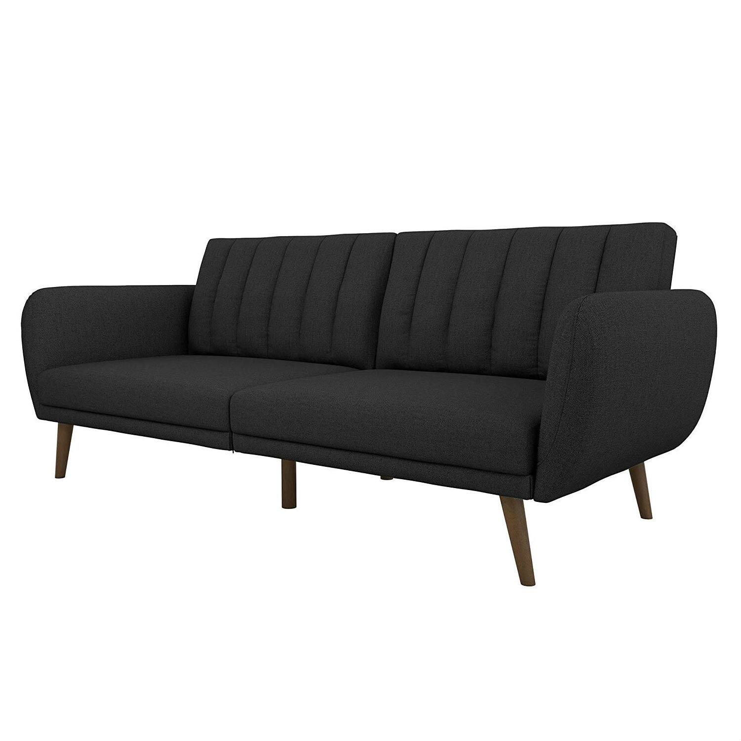Left. Hivvago - Dark Grey Linen Futon Sofa Bed with Modern Mid-Century Style Wooden Legs - Dark Grey.