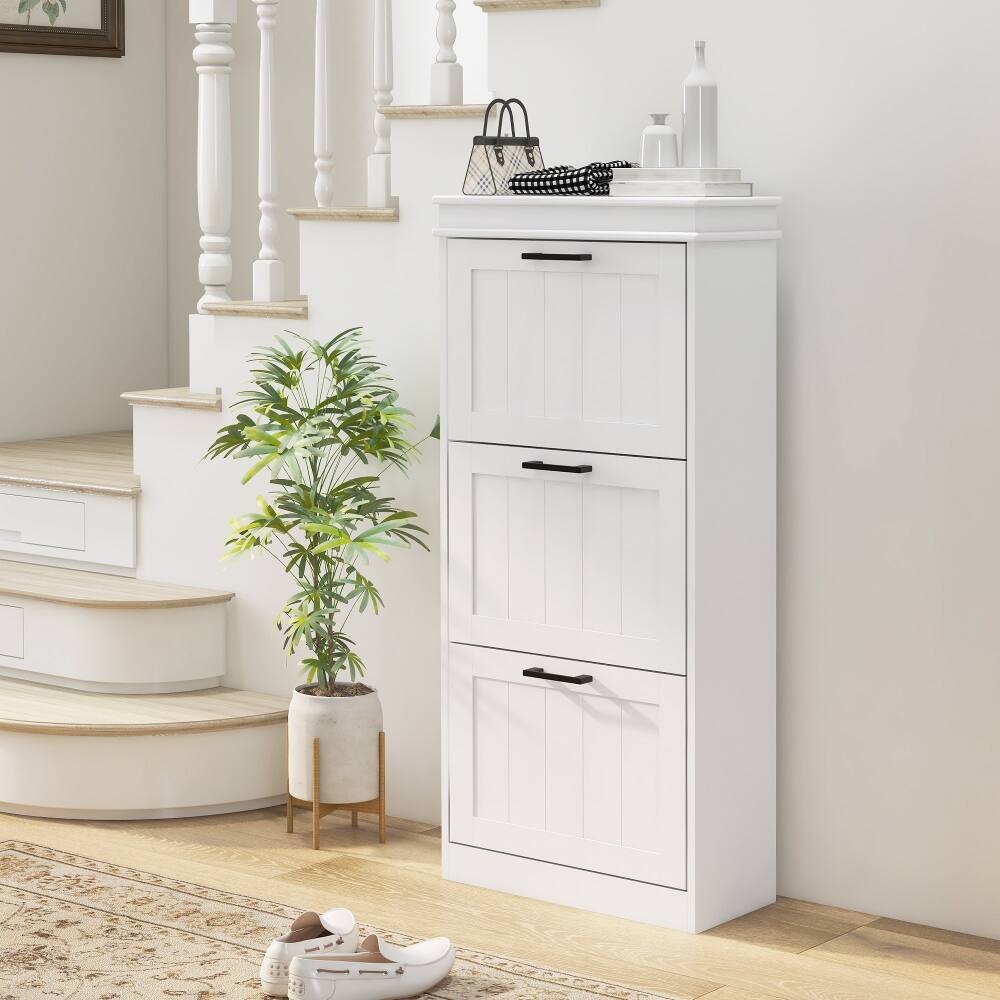 Alt View 3. Loheer - Loheer narrow entryway shoe cabinet, Three Flip Drawers, Holds Fifteen Pairs, White - White.