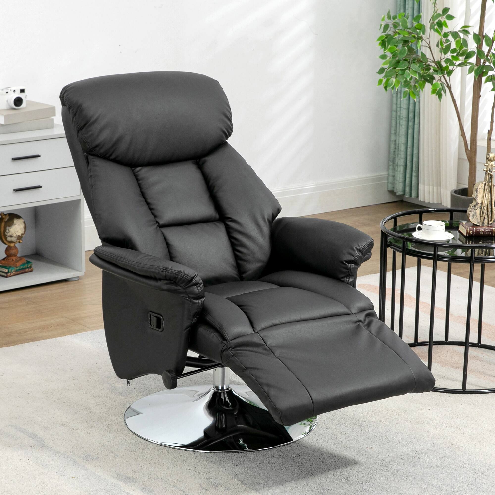 Angle. Homcom - Swivel Recliner Chair, PU Leather Reclining Chair with Retractable Footrest, Padded Arms for Living Room - Black.