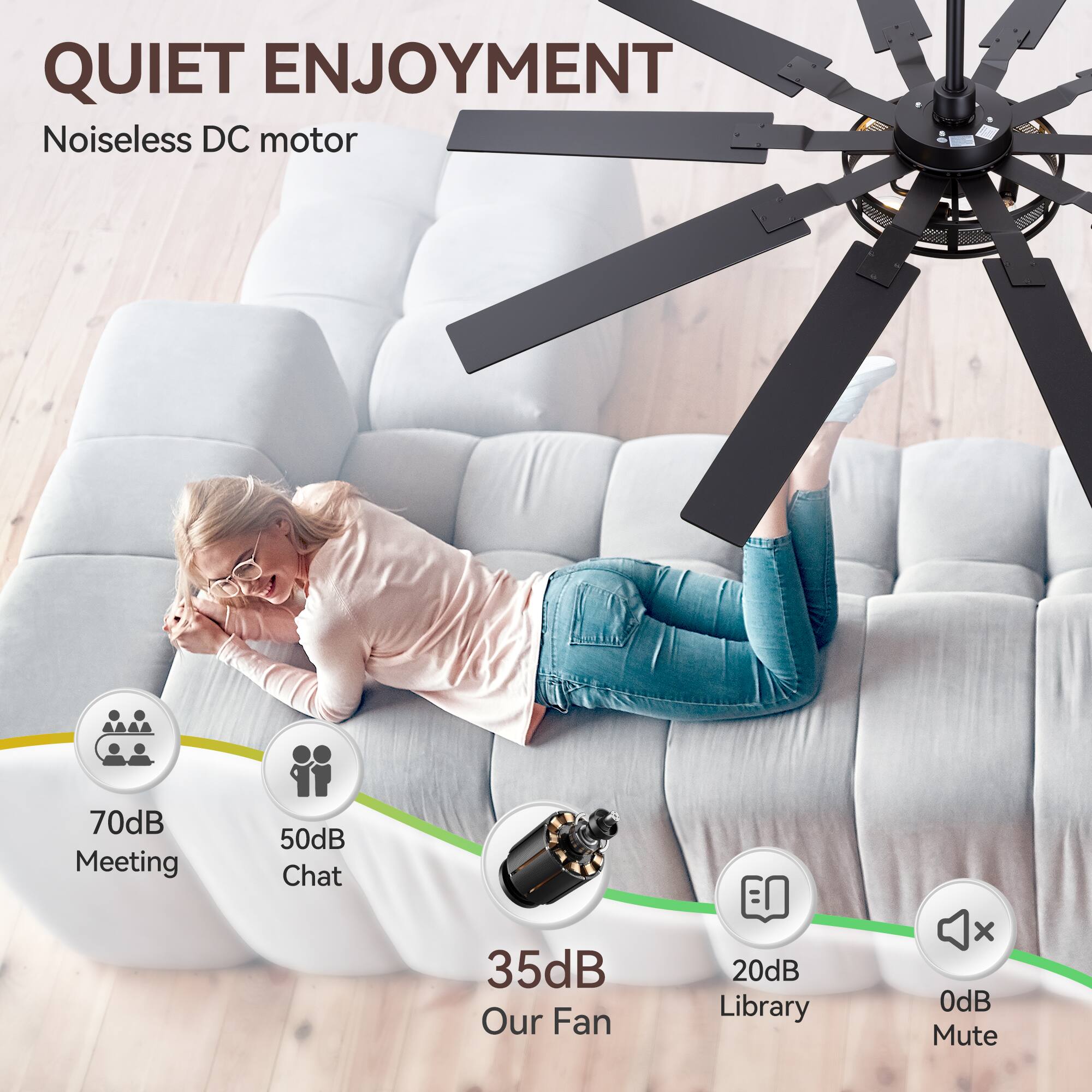 QUIET ENJOYMENT  
Noiseless DC motor  

70dB Meeting  
50dB Chat  
35dB Our Fan  
20dB Library  
0dB Mute