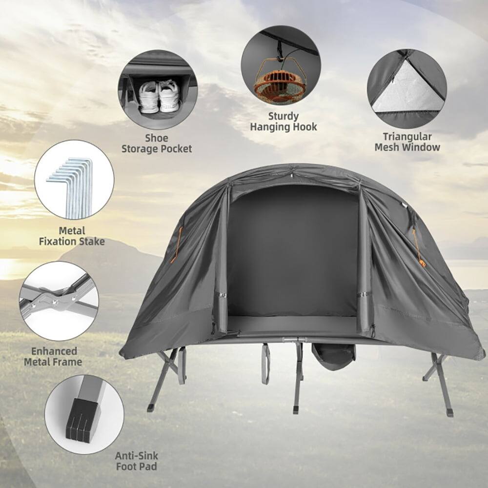 Shoe Storage Pocket  
Sturdy Hanging Hook  
Triangular Mesh Window  
Metal Fixation Stake  
Enhanced Metal Frame  
Anti-Sink Foot Pad