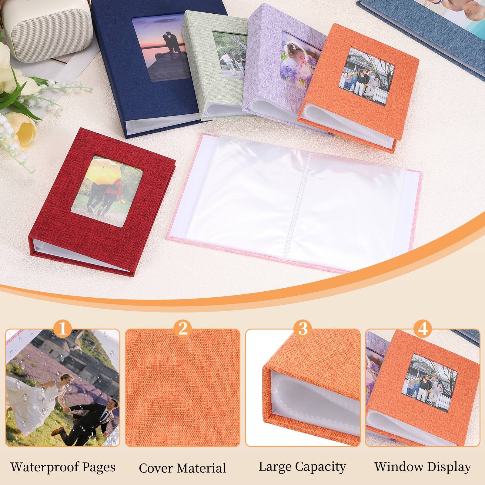 1. Waterproof Pages
2. Cover Material
3. Large Capacity
4. Window Display