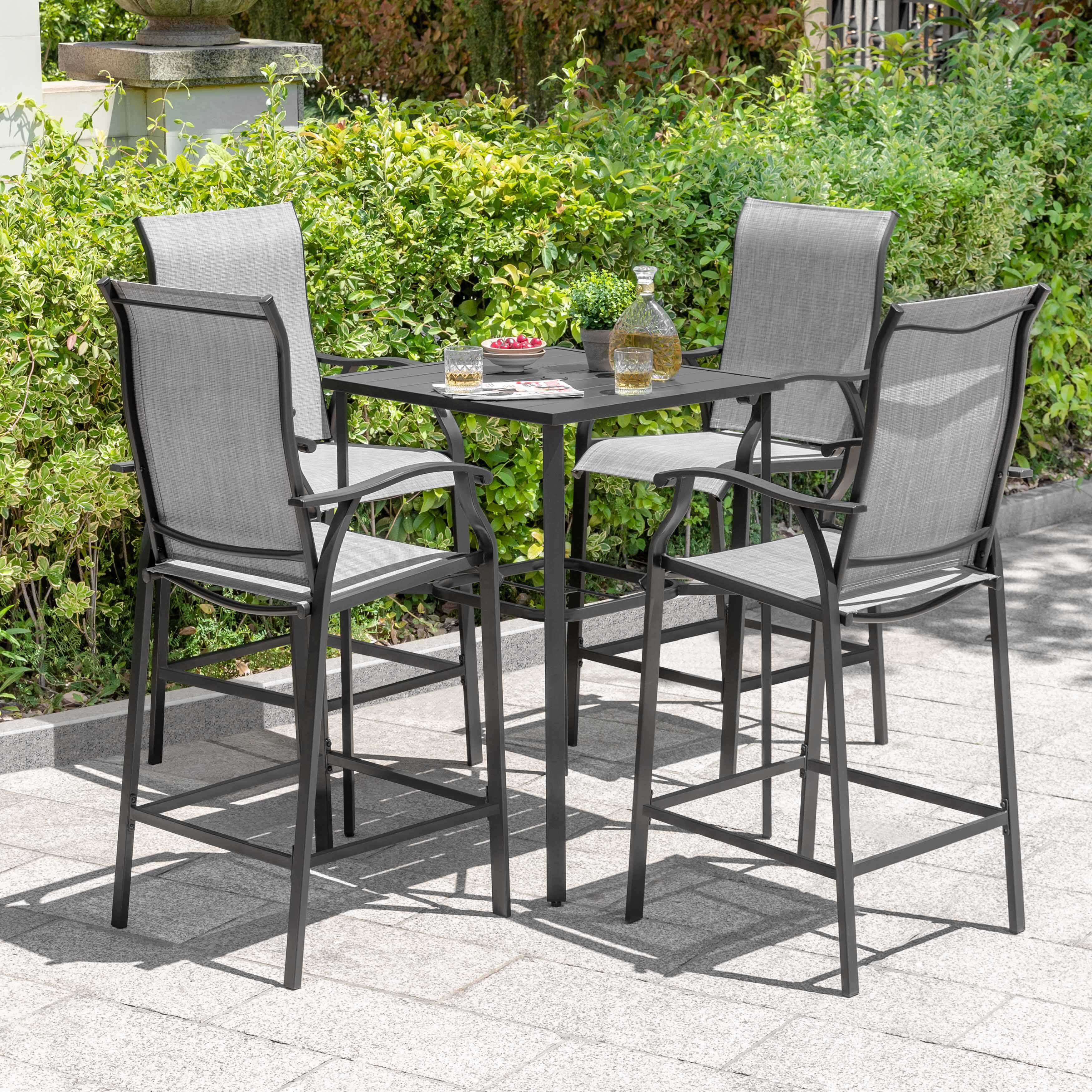Left. Nuu Garden - Outdoor 5-Piece Textilene Bar Set, Height Back Bar Stools and Umbrella Hole - Black and Gray.