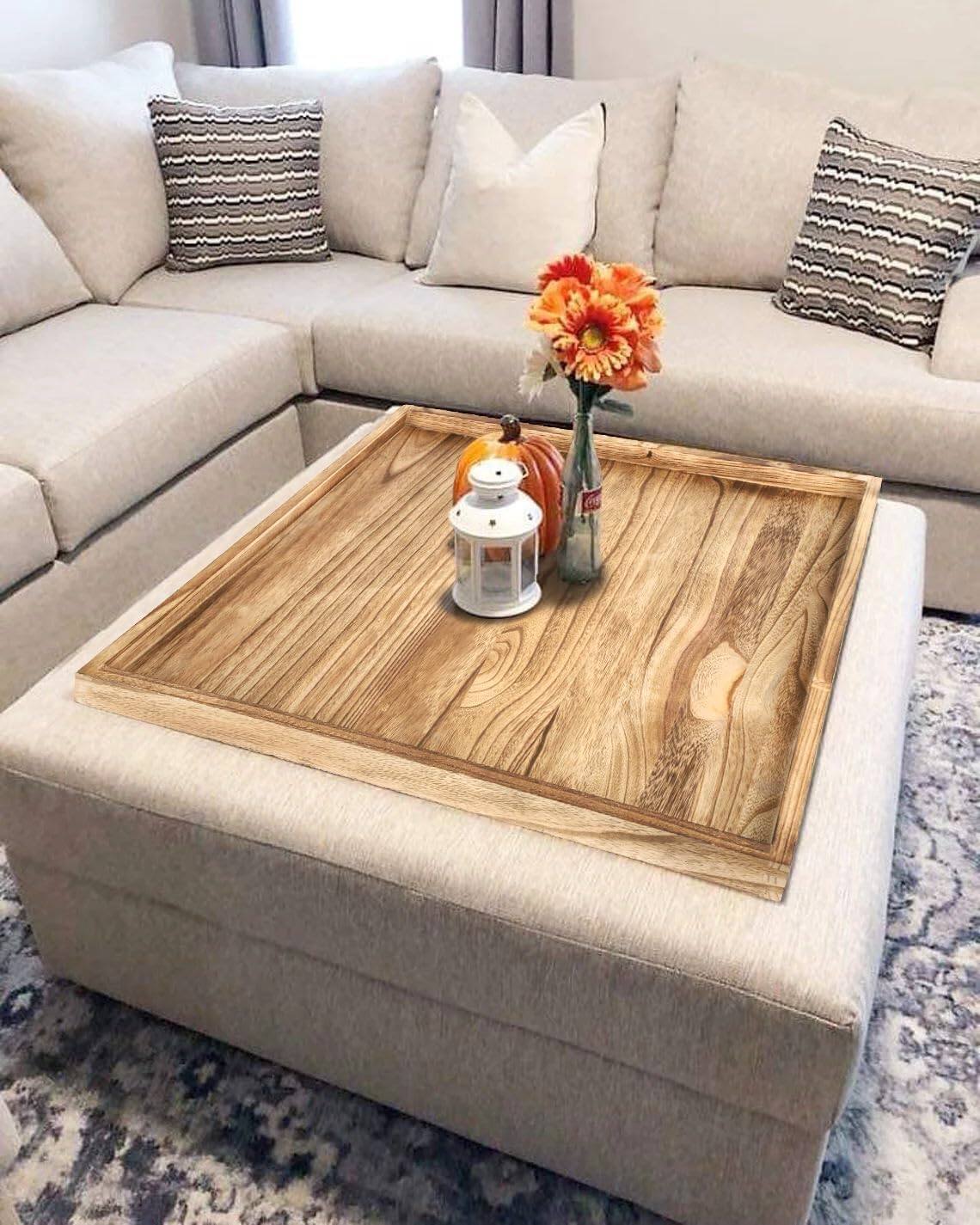 Alt View 4. JETRANSPORT - Square Ottoman Table Tray Rustic Wooden Serving Farmhouse Decorative Oversized Coffee Trays Living Room - Gray 24".