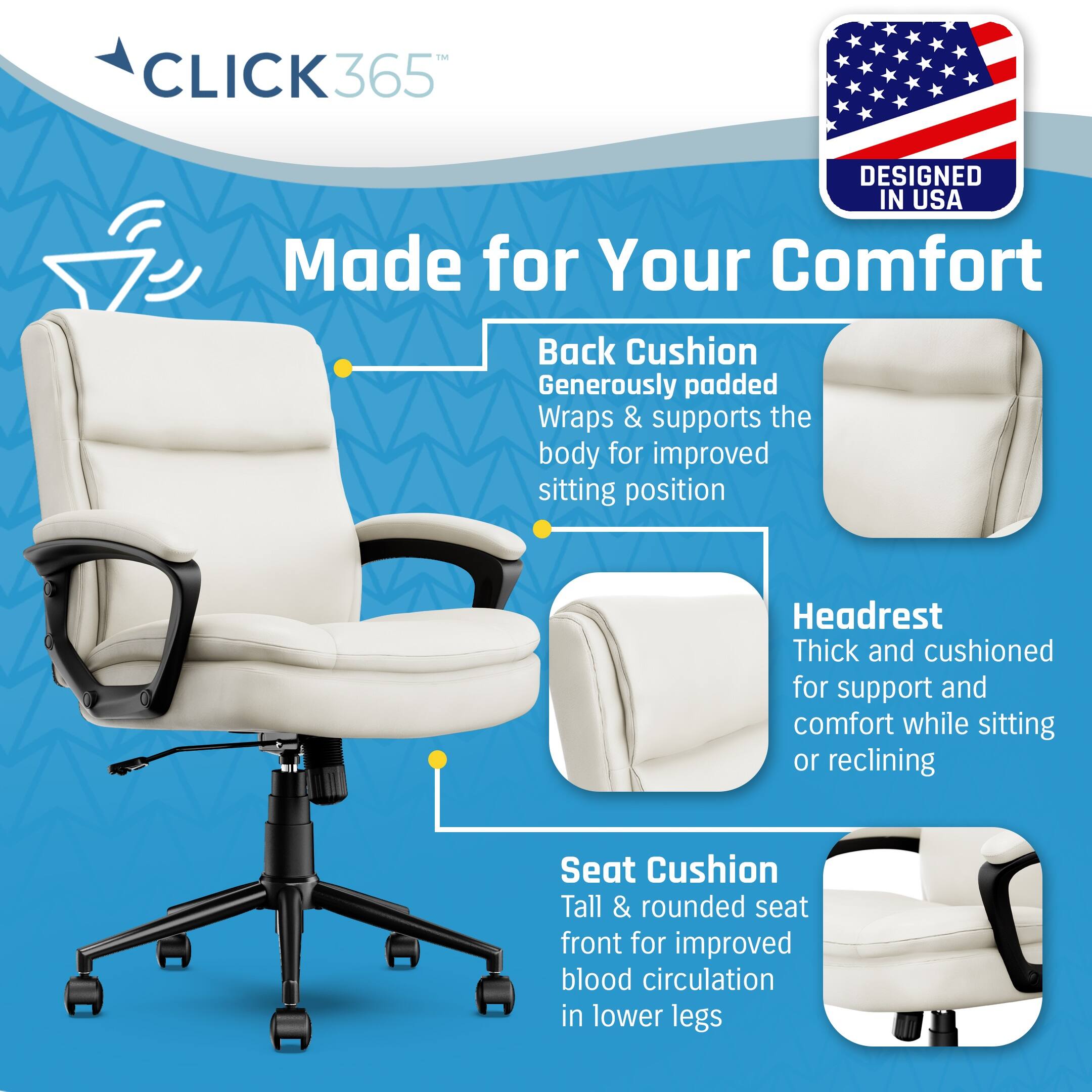 Alt View 11. Click365 - Transform 2.0 Extra Comfort Ergonomic Mid-Back Desk Chair - White.