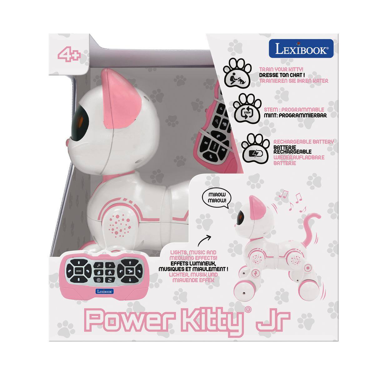 4+ LEXIBOOK TRAIN YOUR KITTY! DRESSE TON CHAT! TRAINIEREN SIE IHREN KATER  
STEM: PROGRAMMABLE MINT: PROGRAMMIERBAR  
RECHARGEABLE BATTERY BATTERIE RECHARGEABLE WIEDERAUFLADBARE BATTERIE  
MIAOW! MIROW!  
- 4 LIGHTS, MUSIC AND MEOWING EFFECTS! EFFETS LUMINEUX, MUSIQUES ET MIAULEMENT LICHTER, MUSIK UND MIAUENDE EFFEKTE  
Power Kitty Jr