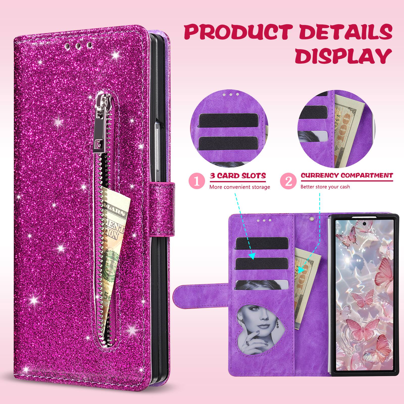 PRODUCT DETAILS DISPLAY

1. 3 CARD SLOTS
   More convenient storage

2. CURRENCY COMPARTMENT
   Better store your cash