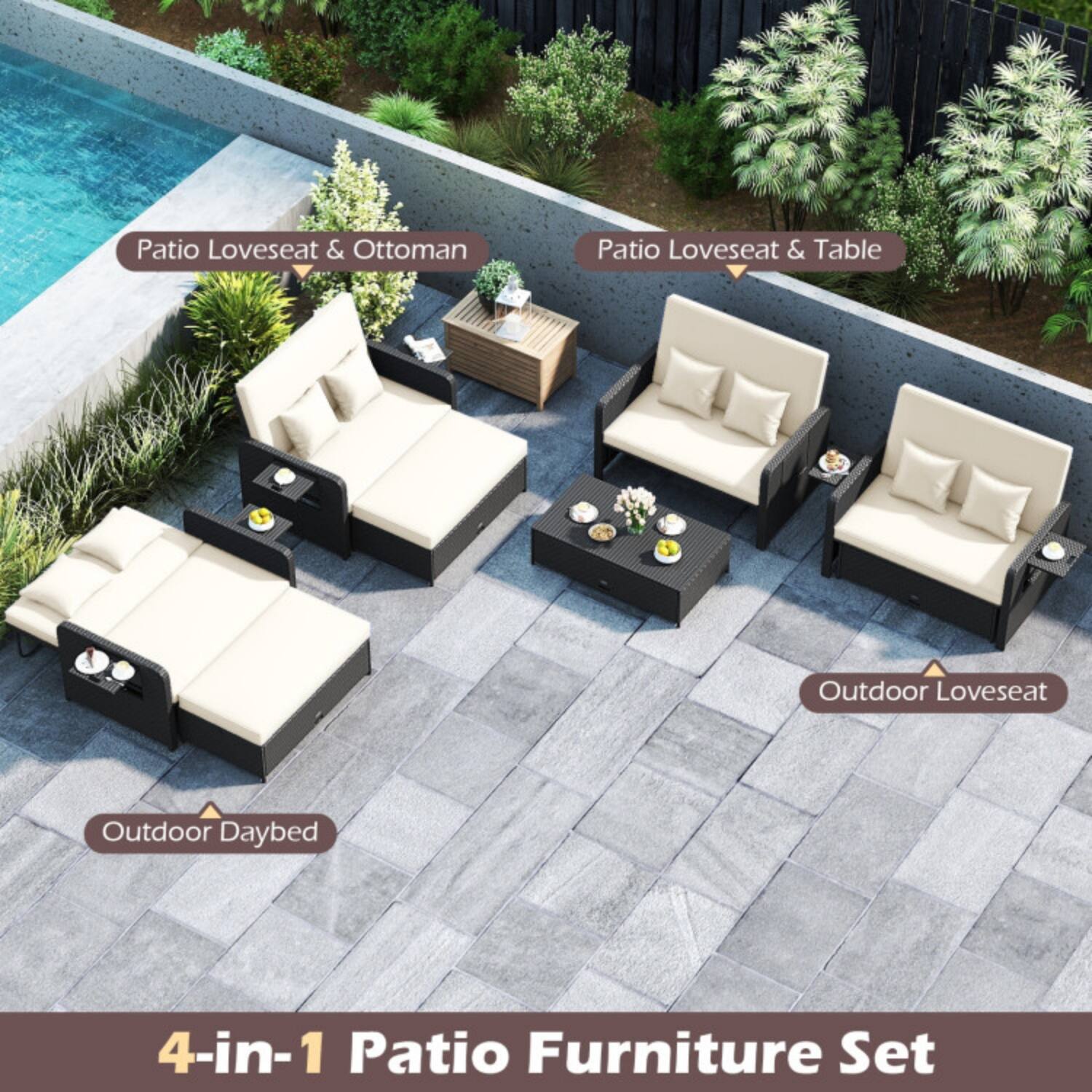 Patio Loveseat & Ottoman  
Patio Loveseat & Table  
Outdoor Loveseat  
Outdoor Daybed  

4-in-1 Patio Furniture Set