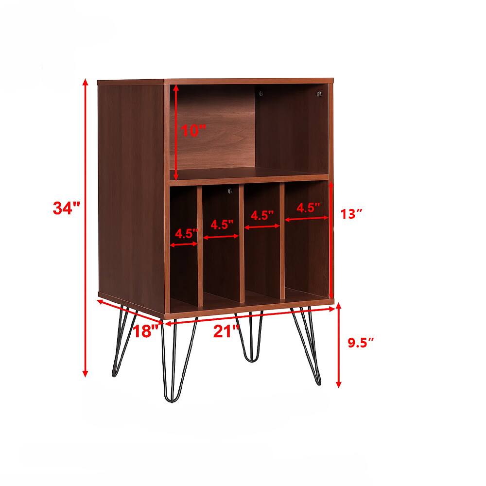 34" (width)  
10" (height)  
13" (depth)  
21" (front width)  
18" (side width)  
9.5" (leg height)  
4.5" (shelf depth)