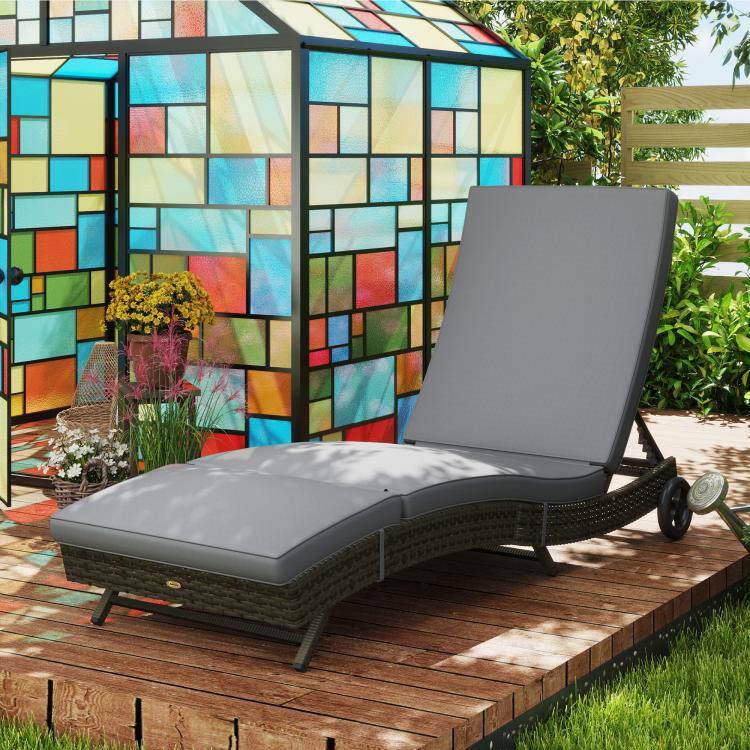 Alt View 2. PULUZ - Patio Wicker Chaise Lounge Chair, Outdoor PE Rattan Sun lounger with Adjustable Backrest and 2 Wheels - Gray.