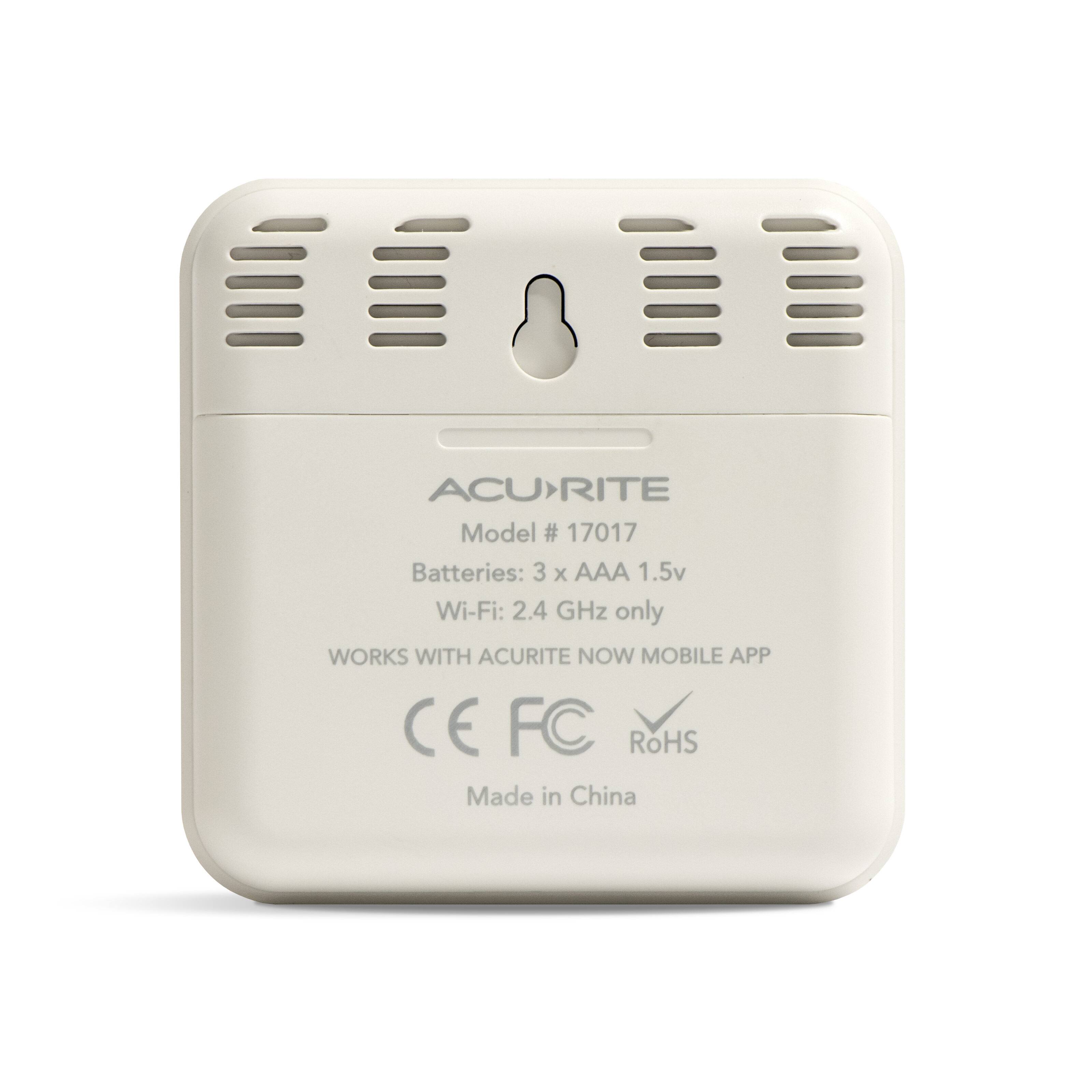 ACU-RITE Model # 17017  
Batteries: 3 x AAA 1.5v  
Wi-Fi: 2.4 GHz only  
WORKS WITH ACURITE NOW MOBILE APP  
CE FC RoHS  
Made in China