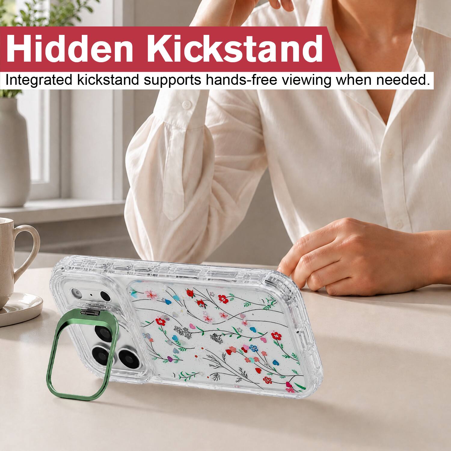 Hidden Kickstand  
Integrated kickstand supports hands-free viewing when needed.