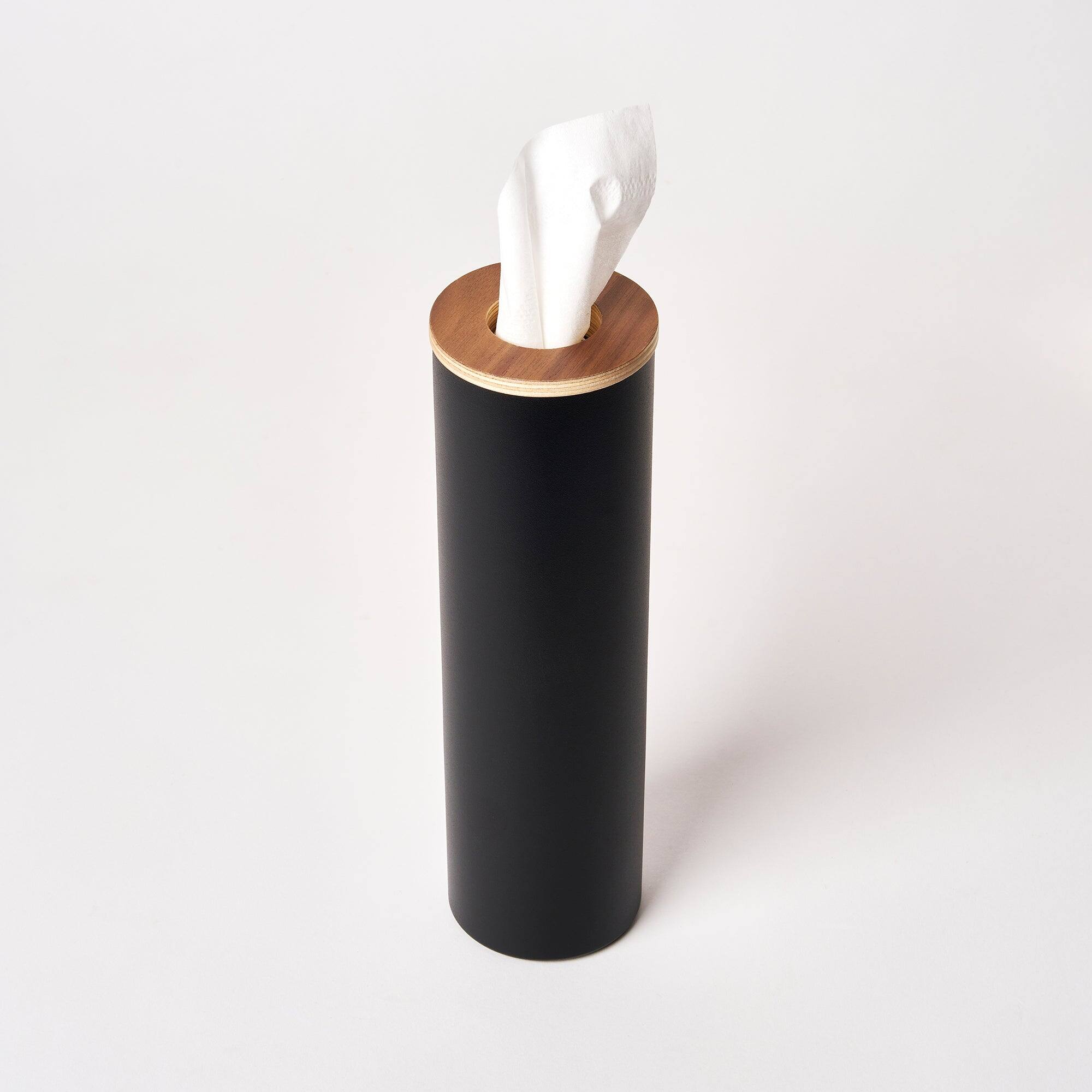 Left. Yamazaki Home - Round Tissue Case - Steel + Wood - Walnut.