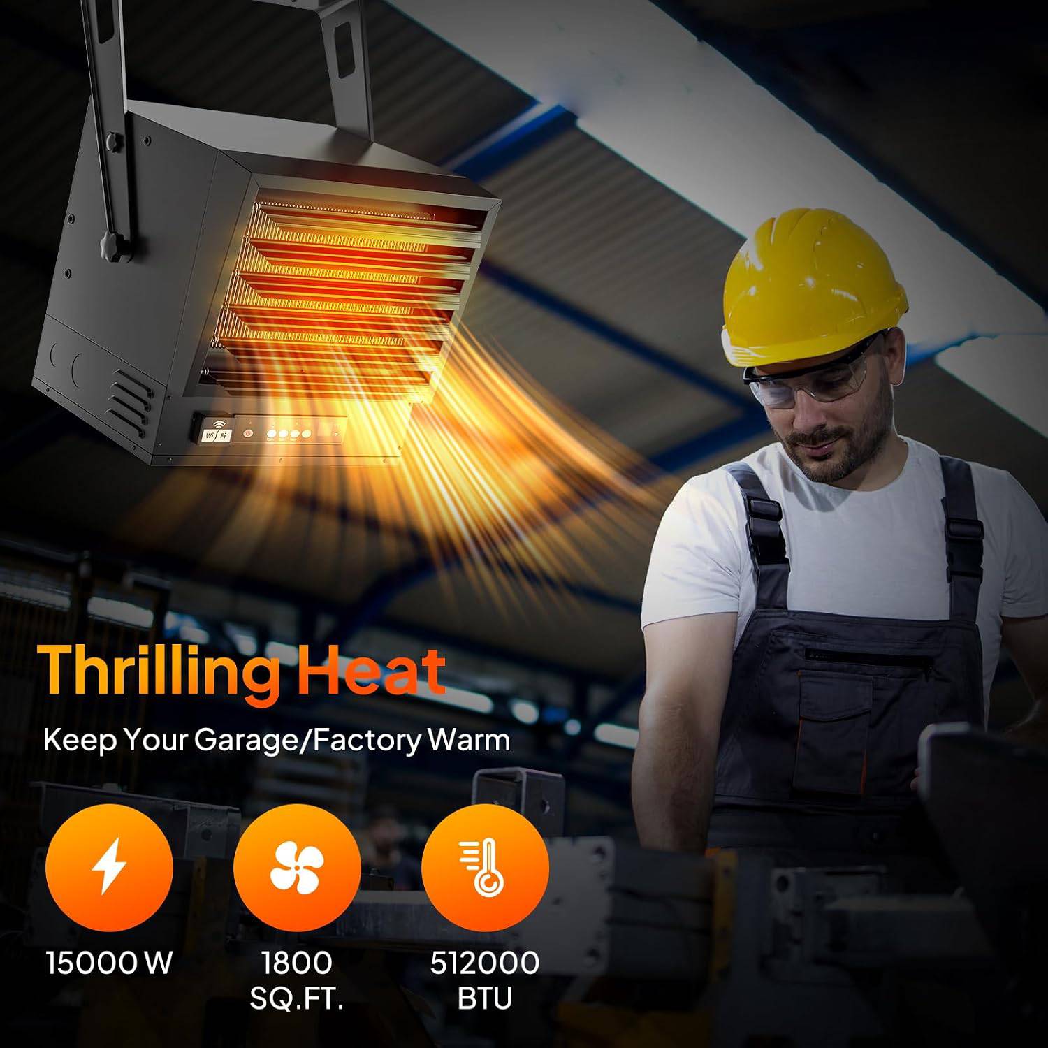 Thrilling Heat  
Keep Your Garage/Factory Warm

15000 W  
1800 SQ.FT.  
512000 BTU