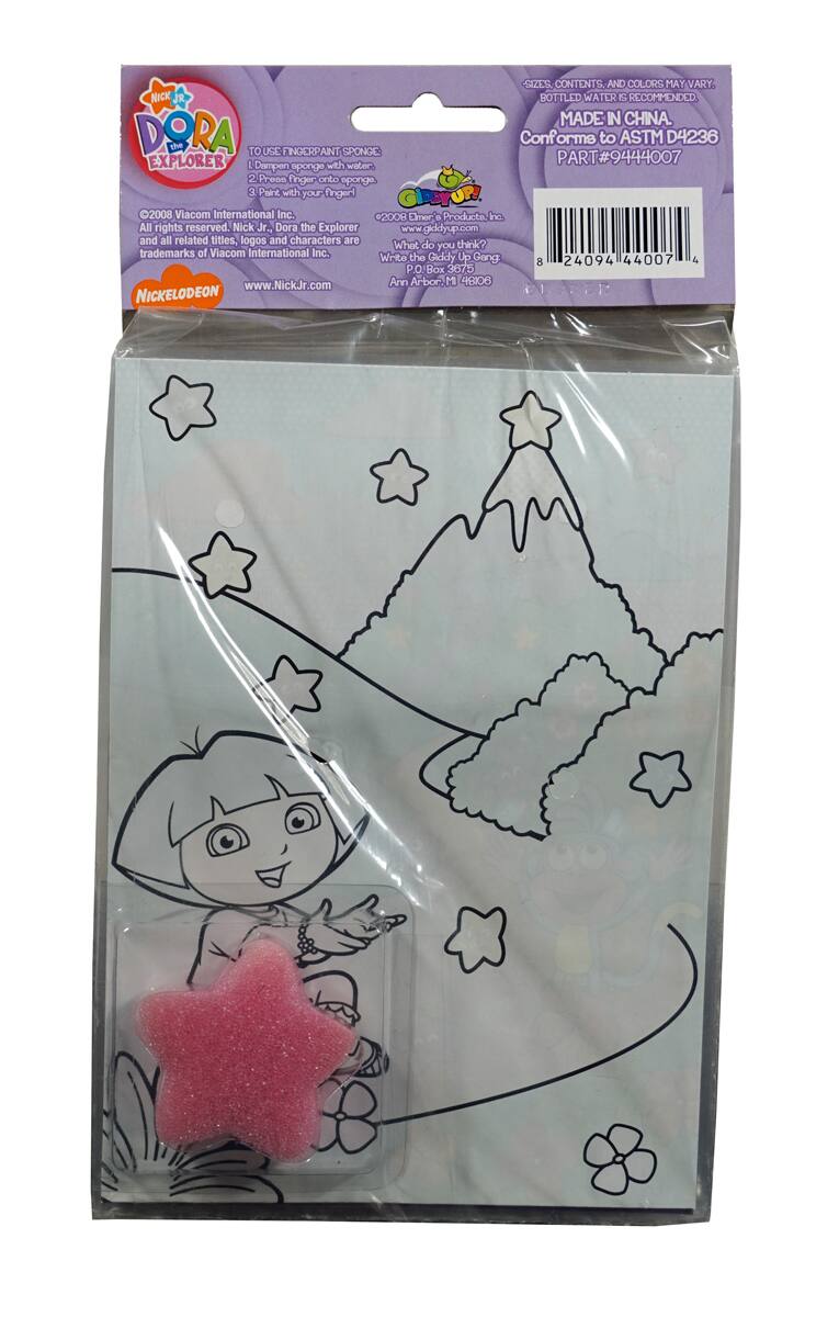 **Nick Jr. Dora the Explorer**

**Fingerpaint Sponge**

**To Use:**
1. Dampen sponge with water.
2. Press finger onto sponge.
3. Paint with your finger.

**Sizes, contents, and colors may vary. Bottled water is recommended.**

**Made in China. Conforms to ASTM D4236**

**Part #9444007**

**©2008 Viacom International Inc. All rights reserved. Nick Jr., Dora the Explorer and all related titles, logos and characters are trademarks of Viacom International Inc.**

**Write the Giddy Up Gang:**
- What do you think?
- P.O. Box 3675
- Ann Arbor, MI 48106

**www.NickJr.com**

**www.giddyup.com**

**Nickelodeon**