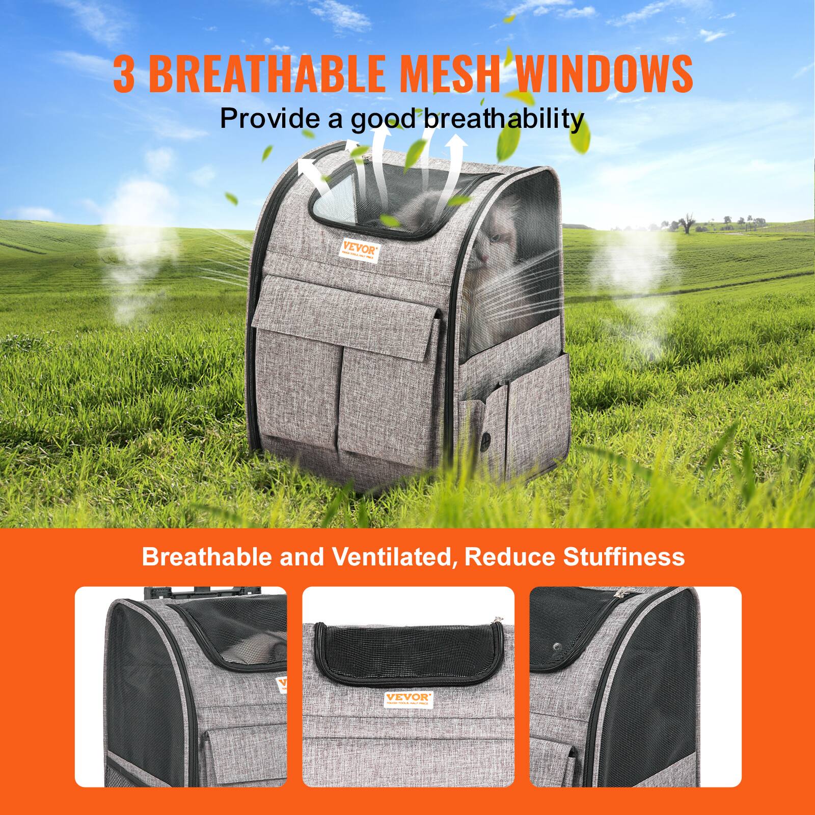 3 BREATHABLE MESH WINDOWS  
Provide a good breathability  

Breathable and Ventilated, Reduce Stuffiness